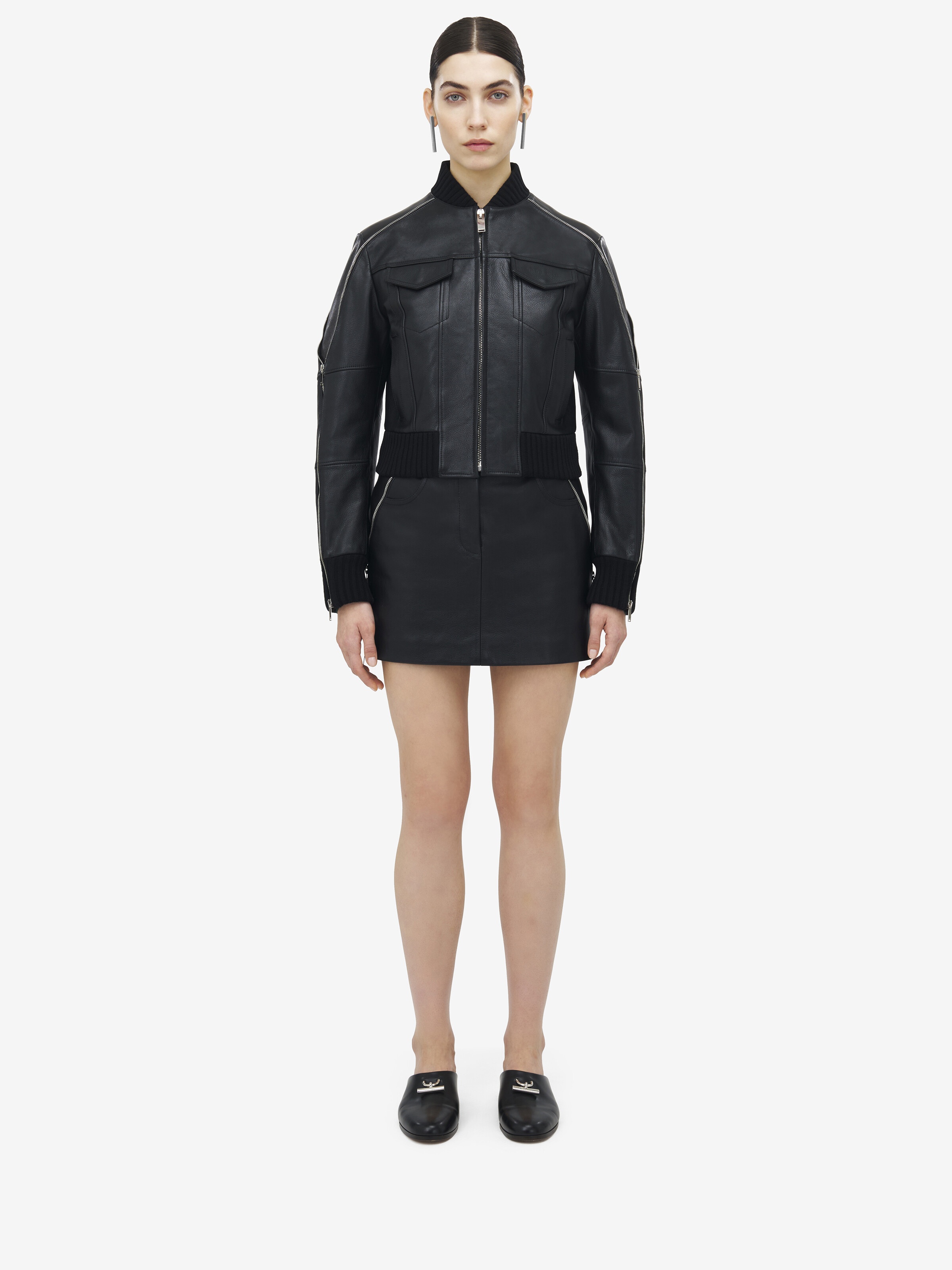 Zip Detail Leather Bomber Jacket - 3