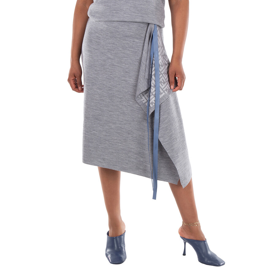 Fendi Logo Pattern Midi Drape Wool Skirt - 3
