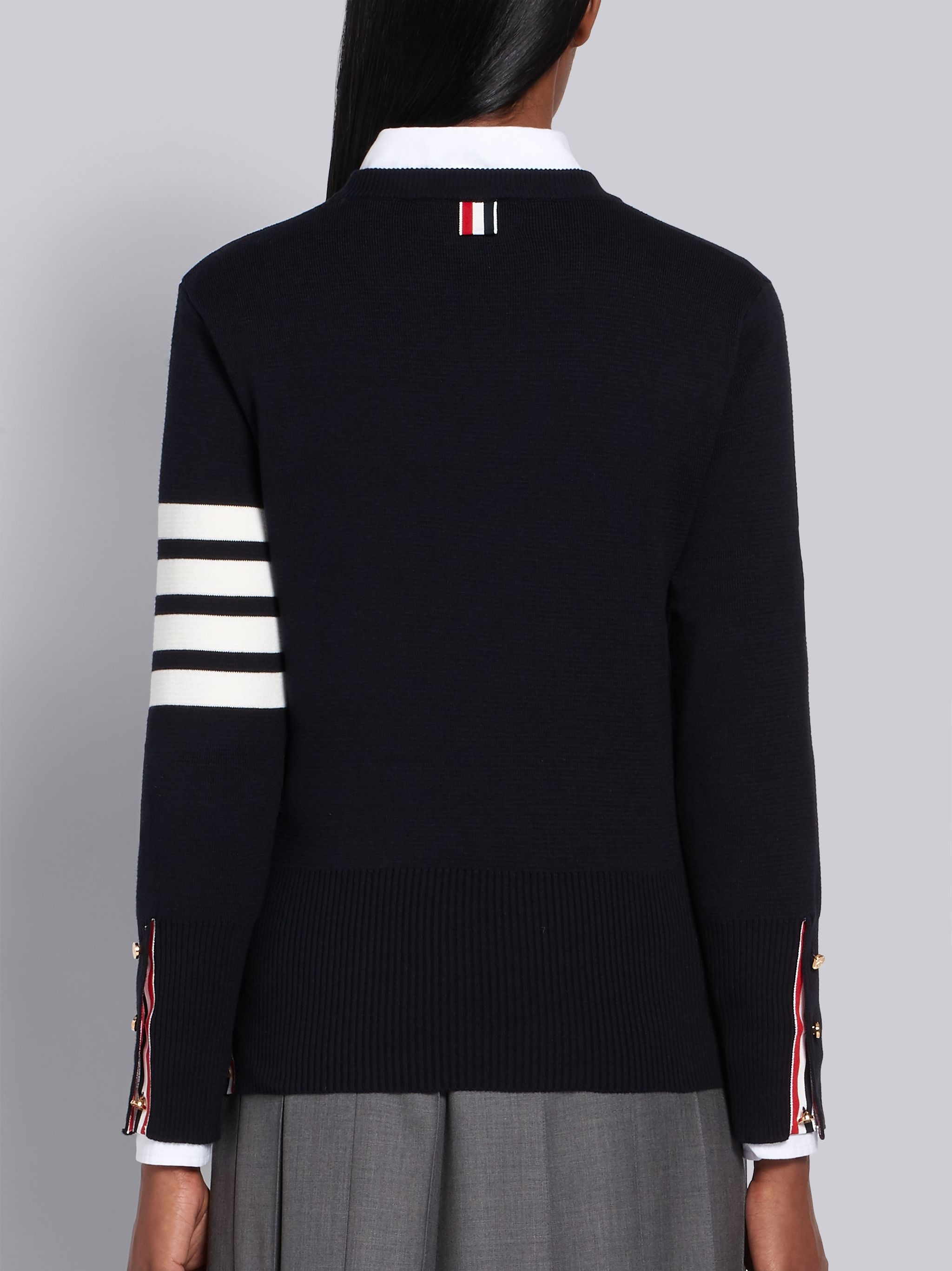 Navy Cotton Crepe Milano Stitch Crewneck 4-Bar Pullover - 3