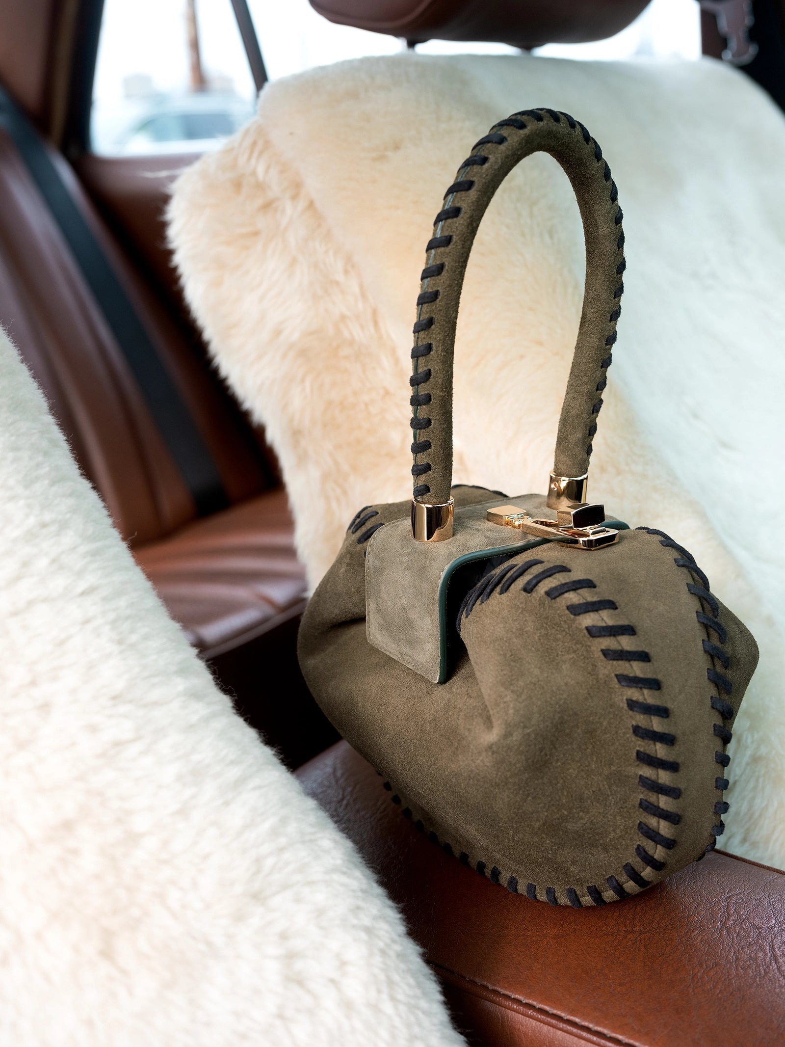 Whipstitch Demi Bag in Olive Suede - 9