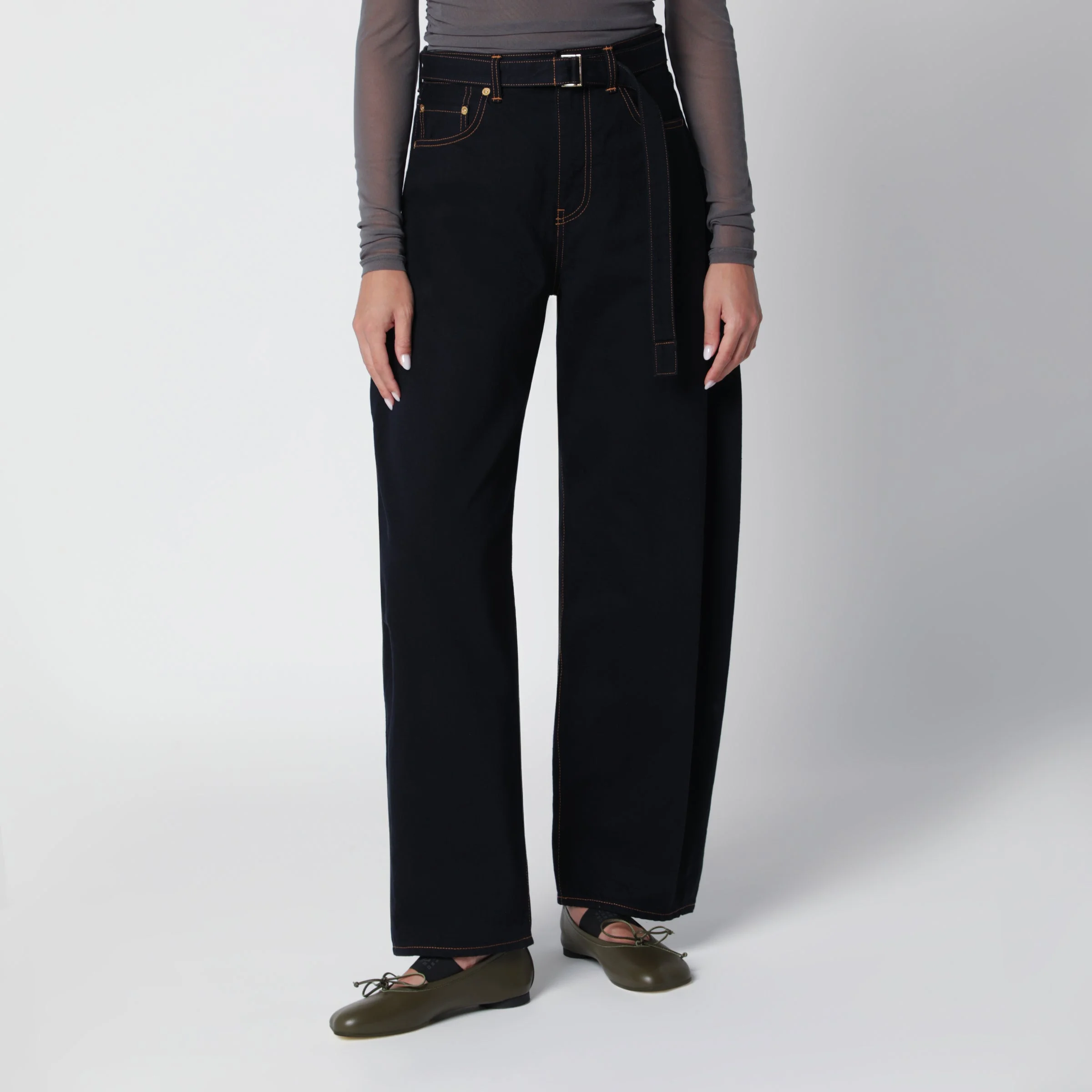 High-Waisted Navy Cotton Barrel Jeans - 1