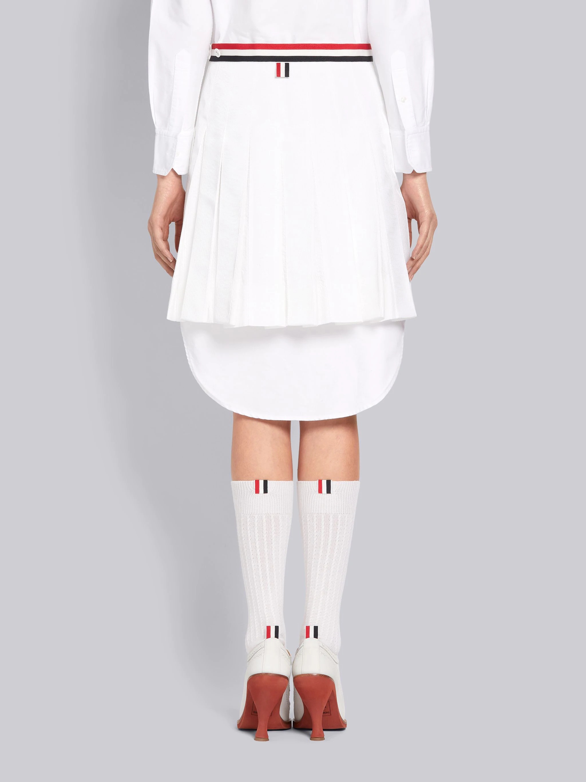 White Cotton Seersucker Grosgrain Combo Pleat Mini Pleated Skirt - 3