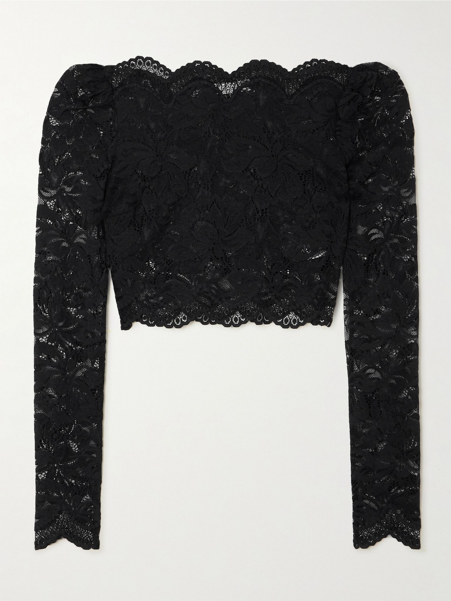 Cropped scalloped stretch-lace top Black - 1