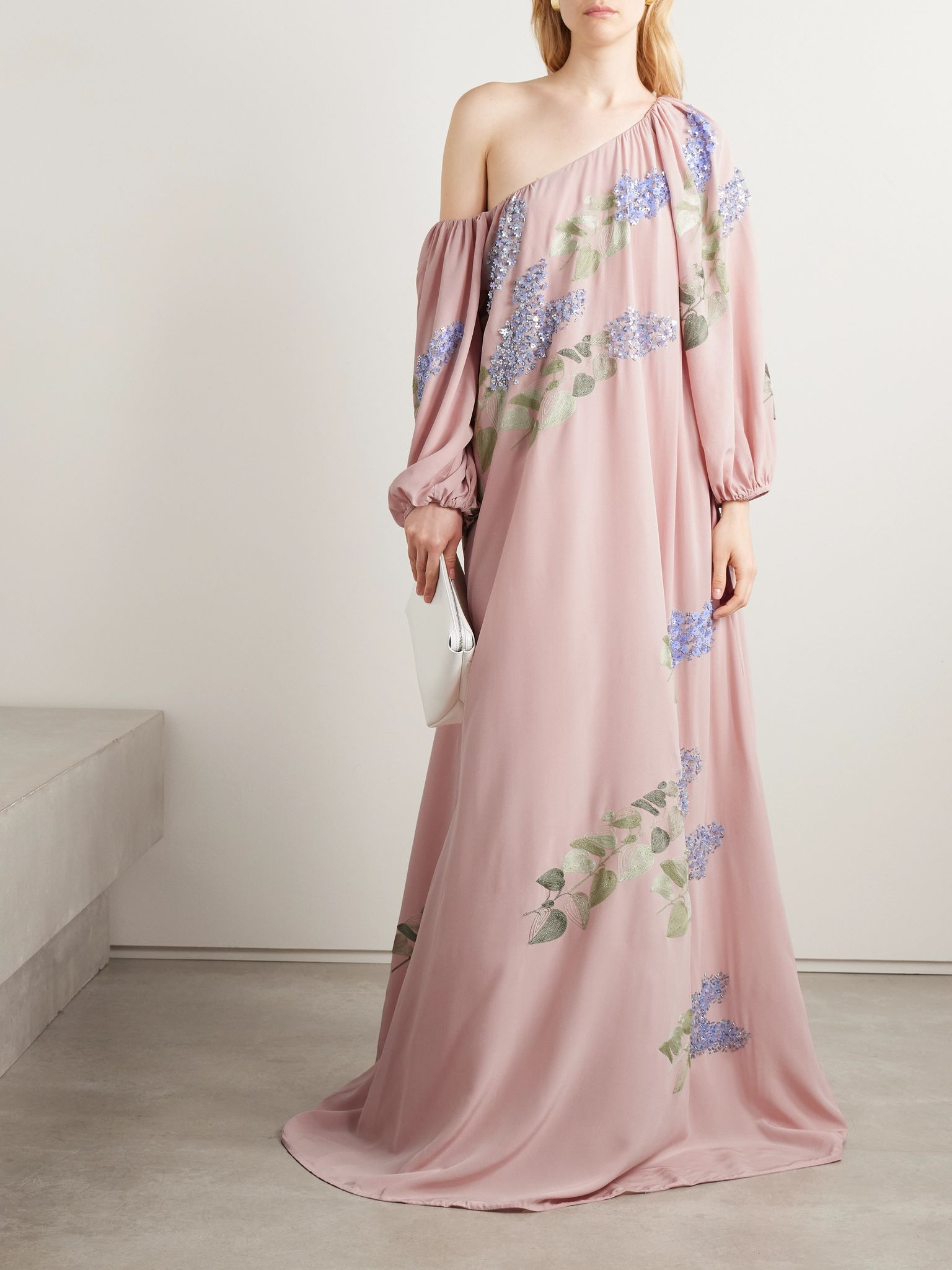 Nathalie off-the-shoulder embellished silk crepe de chine gown Blush - 2