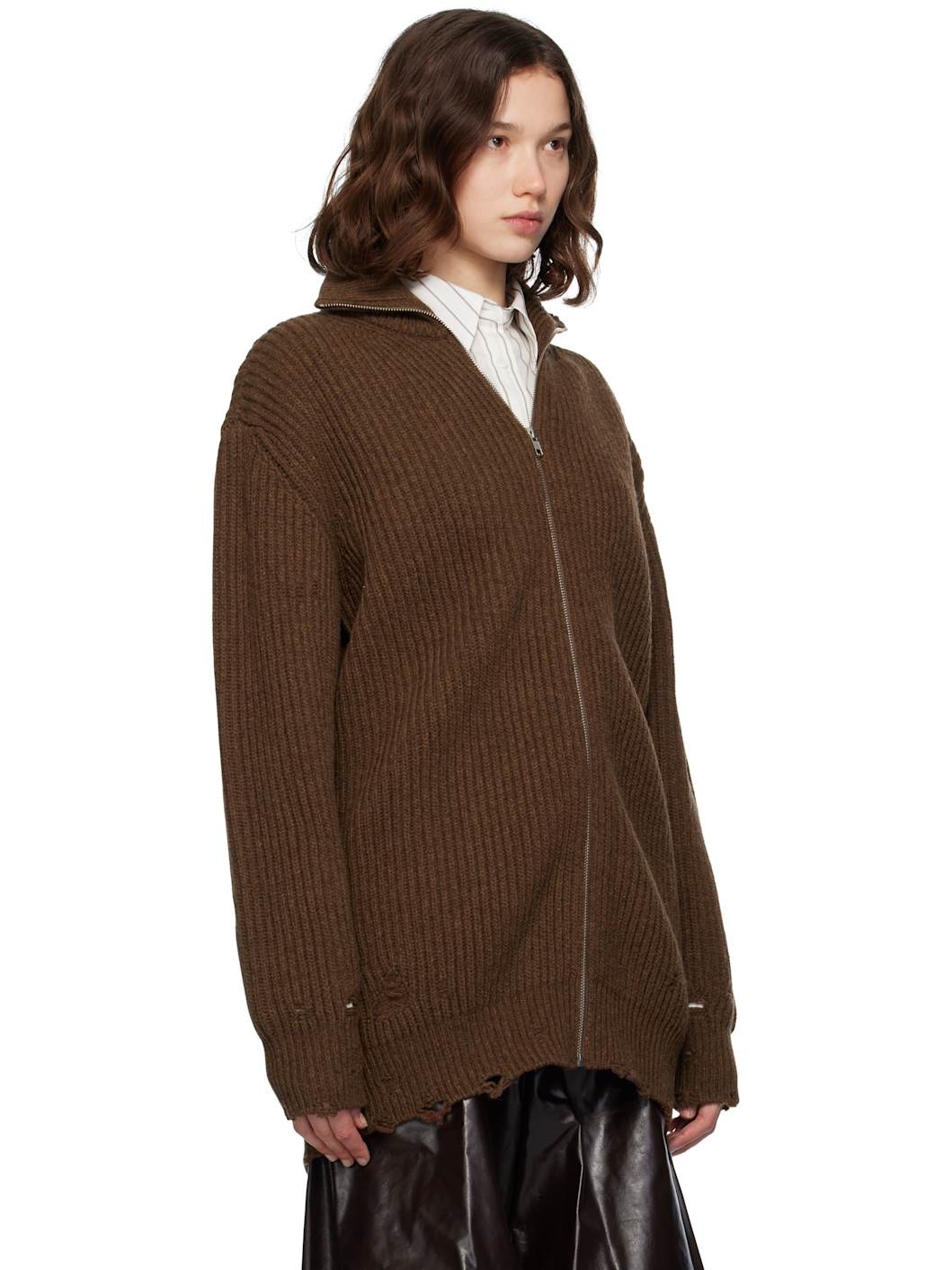 Brown Ribbed Knit Sweater - 2
