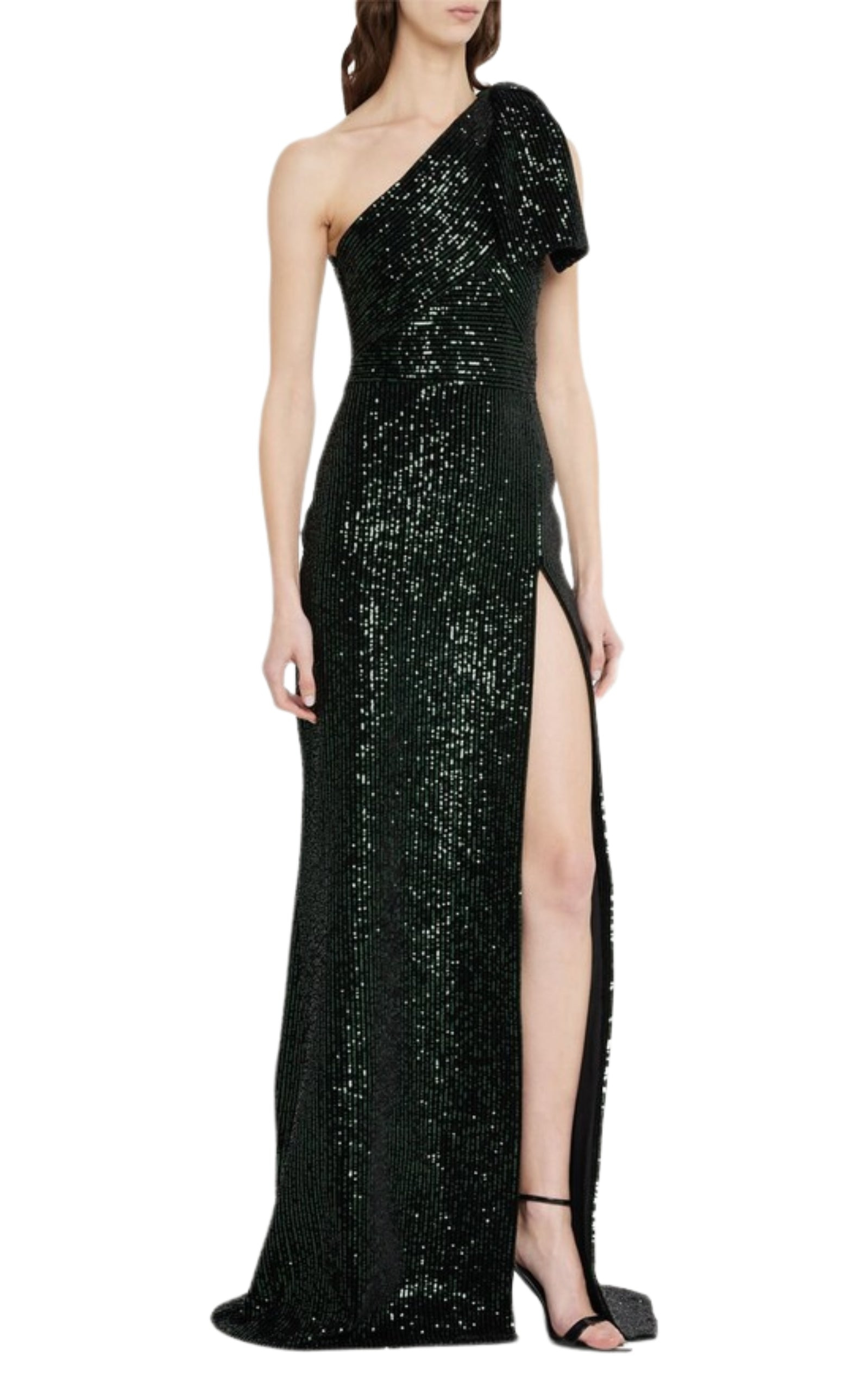 Green Sequinned Velvet One-Shoulder Dress - 2