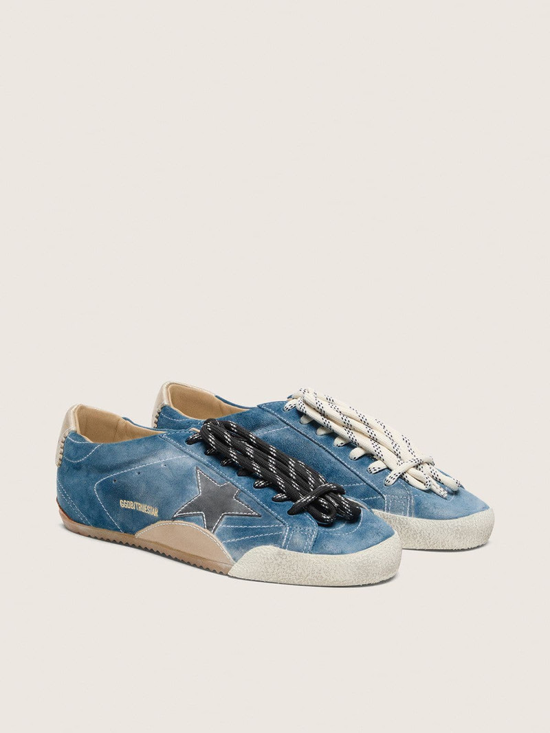 Golden Goose Women's True-Star in teal suede with black star and cream heel tab outlook