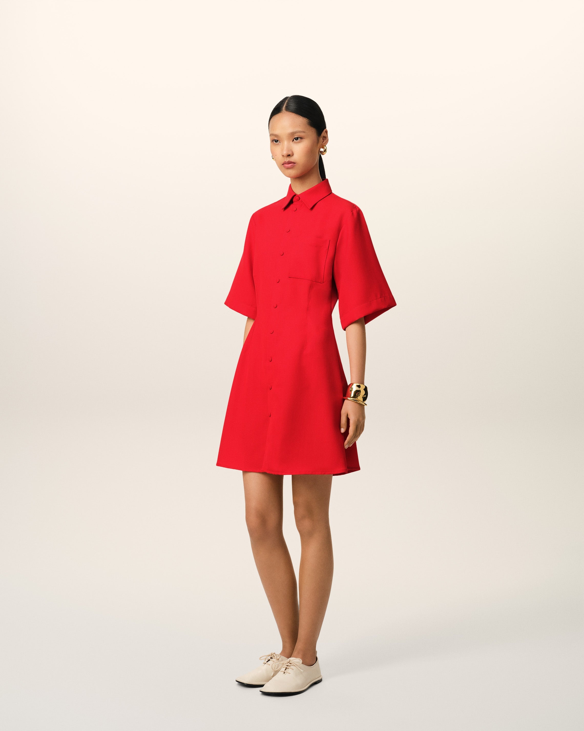 RED WOOL SHORT SLEEVE SHIRT DRESS - 6