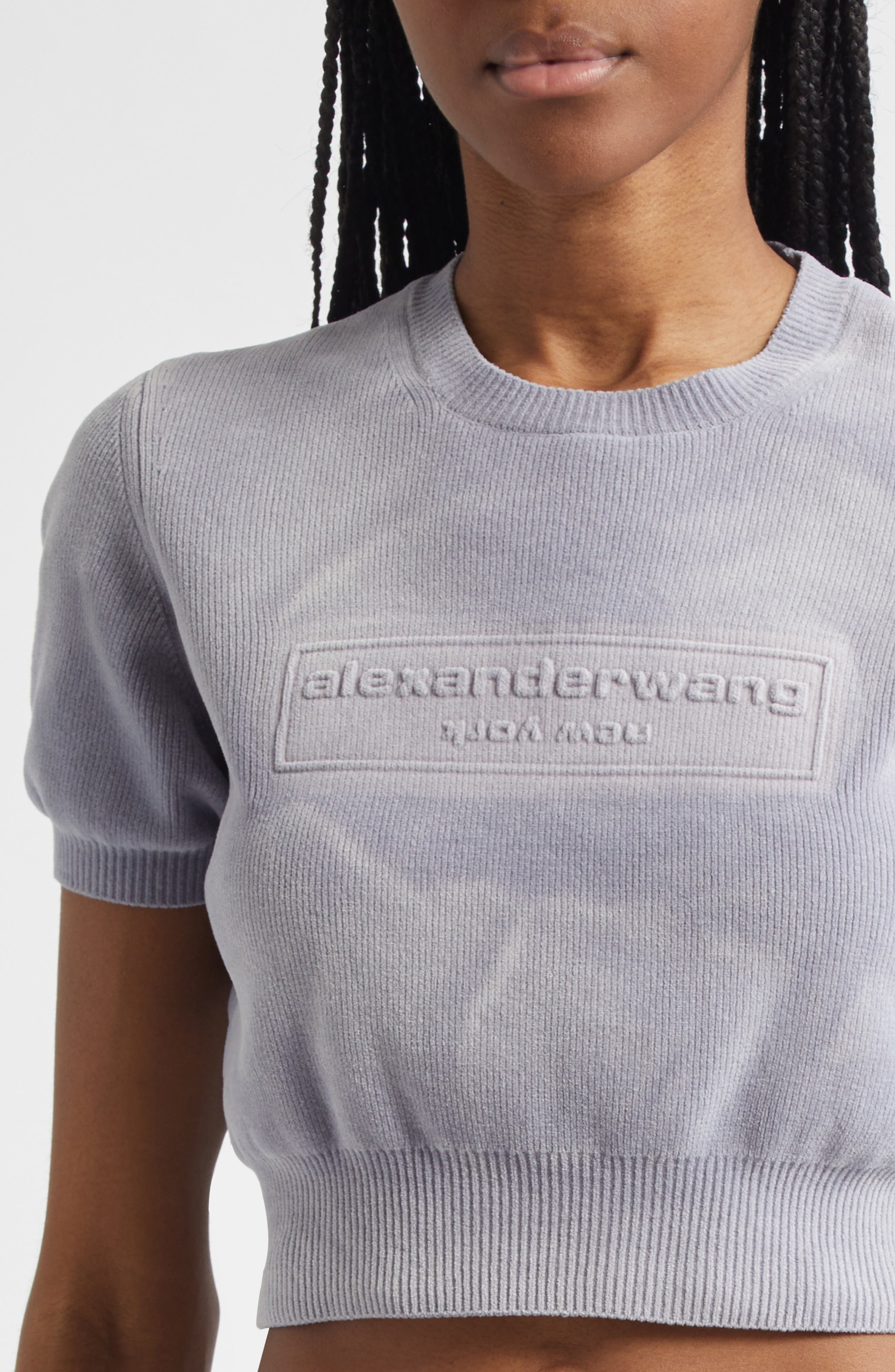 Alexander Wang Logo Short Sleeve Chenille Crop Sweater in Washed Grey at Nordstrom - 5