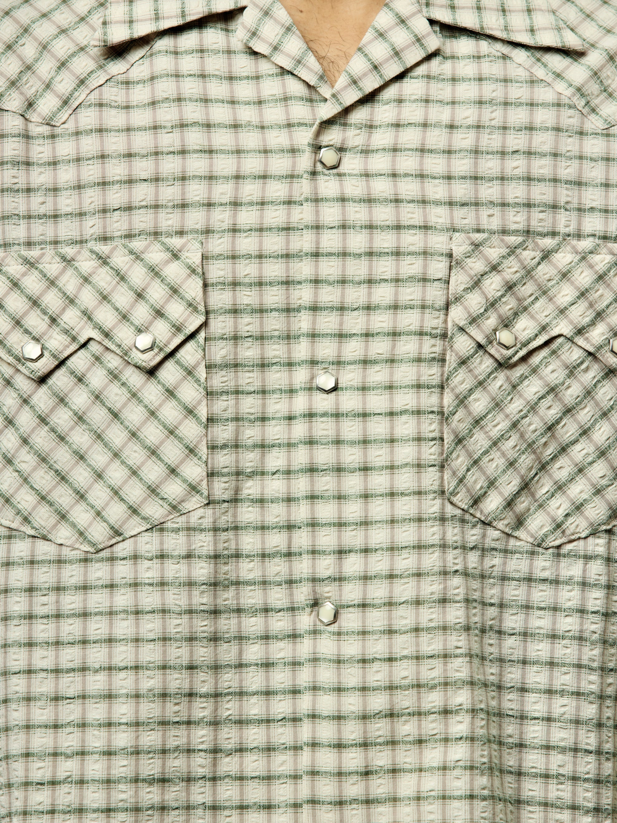 COTTON LINEN SEERSUCKER CHECK OPEN-COLLAR WESTERN BIG SHIRT - 6