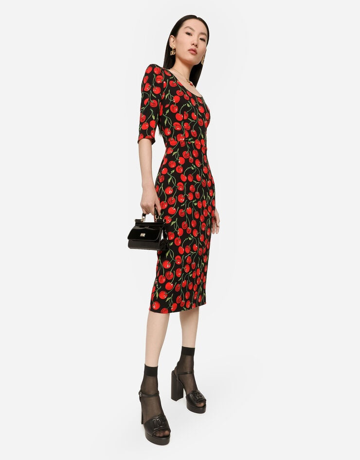 Cherry-print charmeuse calf-length dress - 5