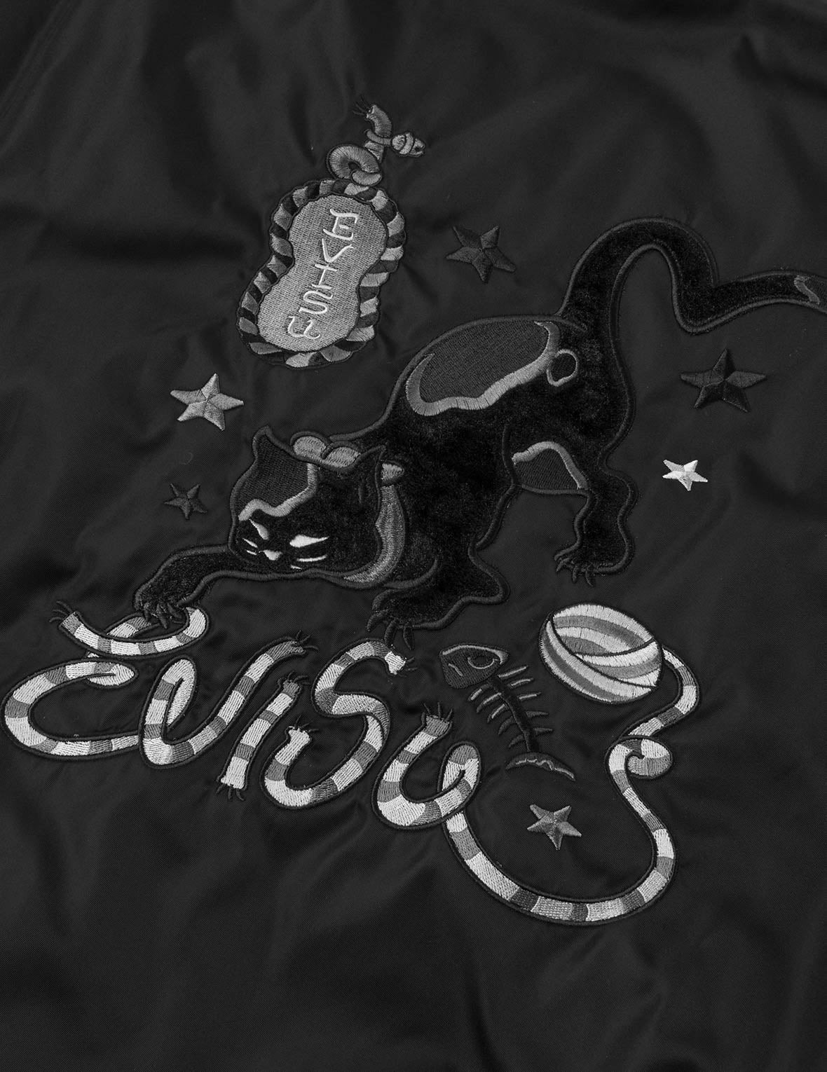 Fuzzy Cat Appliqué and Logo Embroidery Drop-Shoulder Bomber Jacket - 9