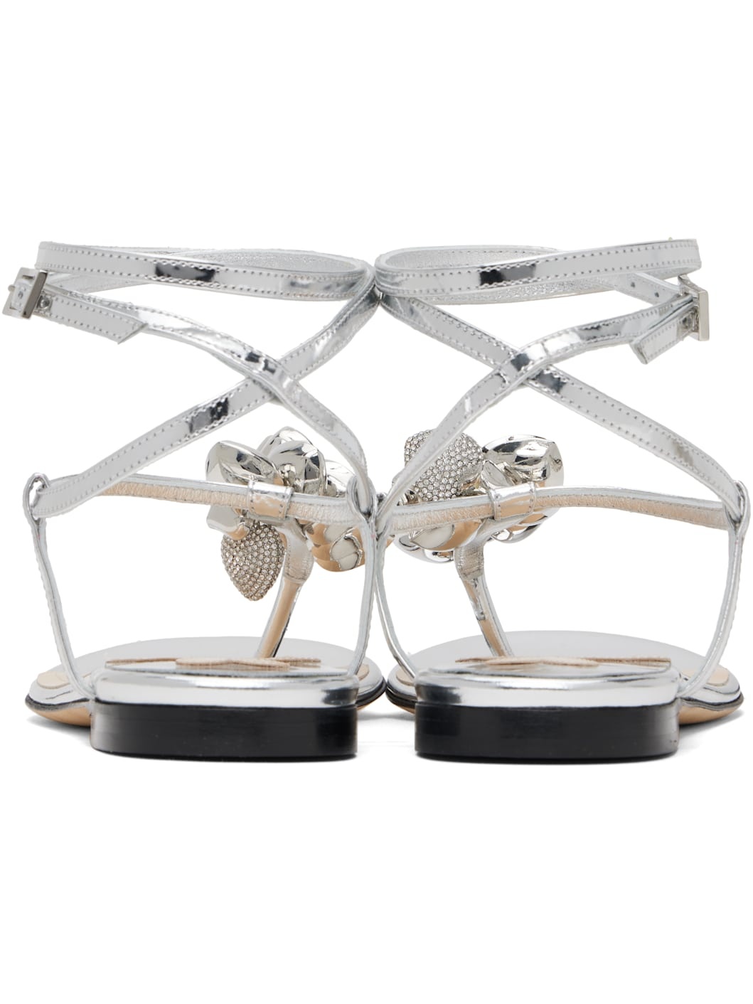 Silver Puffy Heart Mirror Leather Thong Sandals - 2