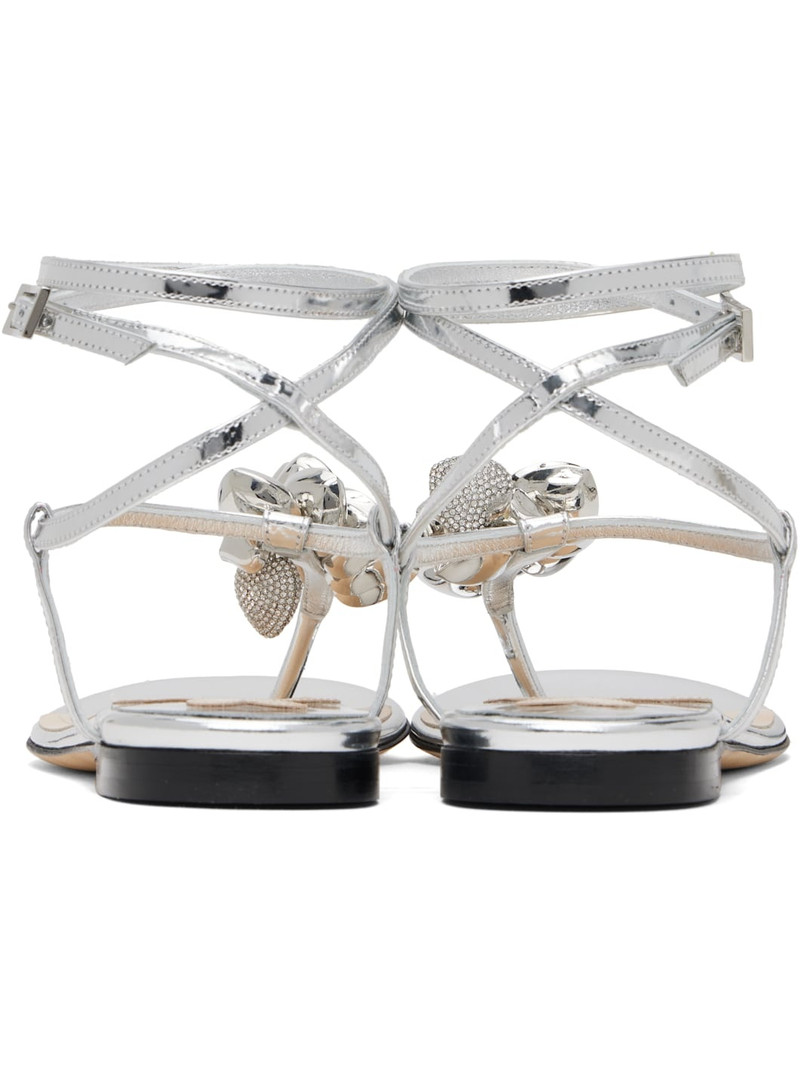 Silver Puffy Heart Mirror Leather Thong Sandals 2