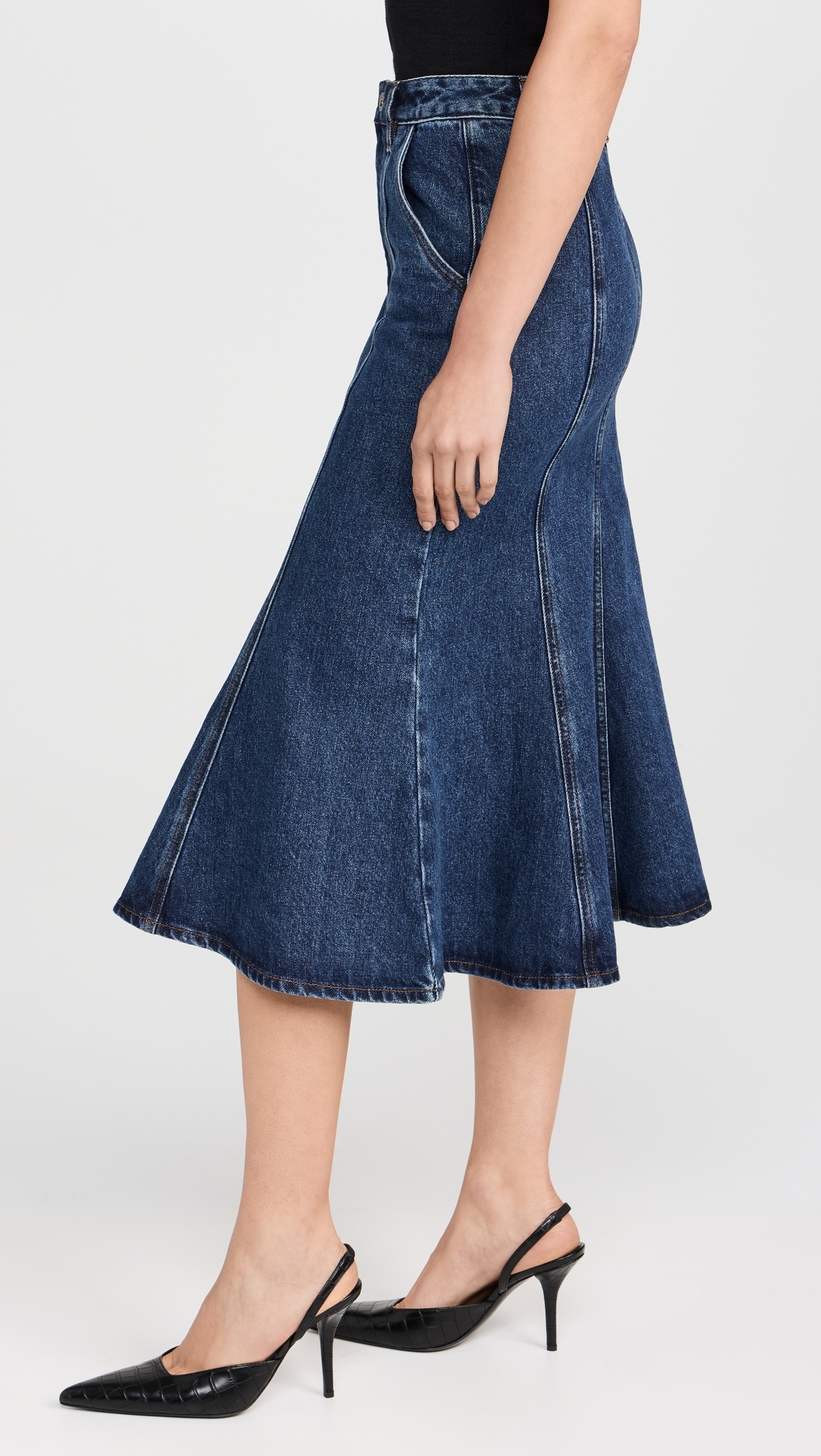 【送料&関税込】self-portrait Denim Flared Midi Skirt Self-Portrait Flared Denim Midi Skirt | Blue | FARFETCH