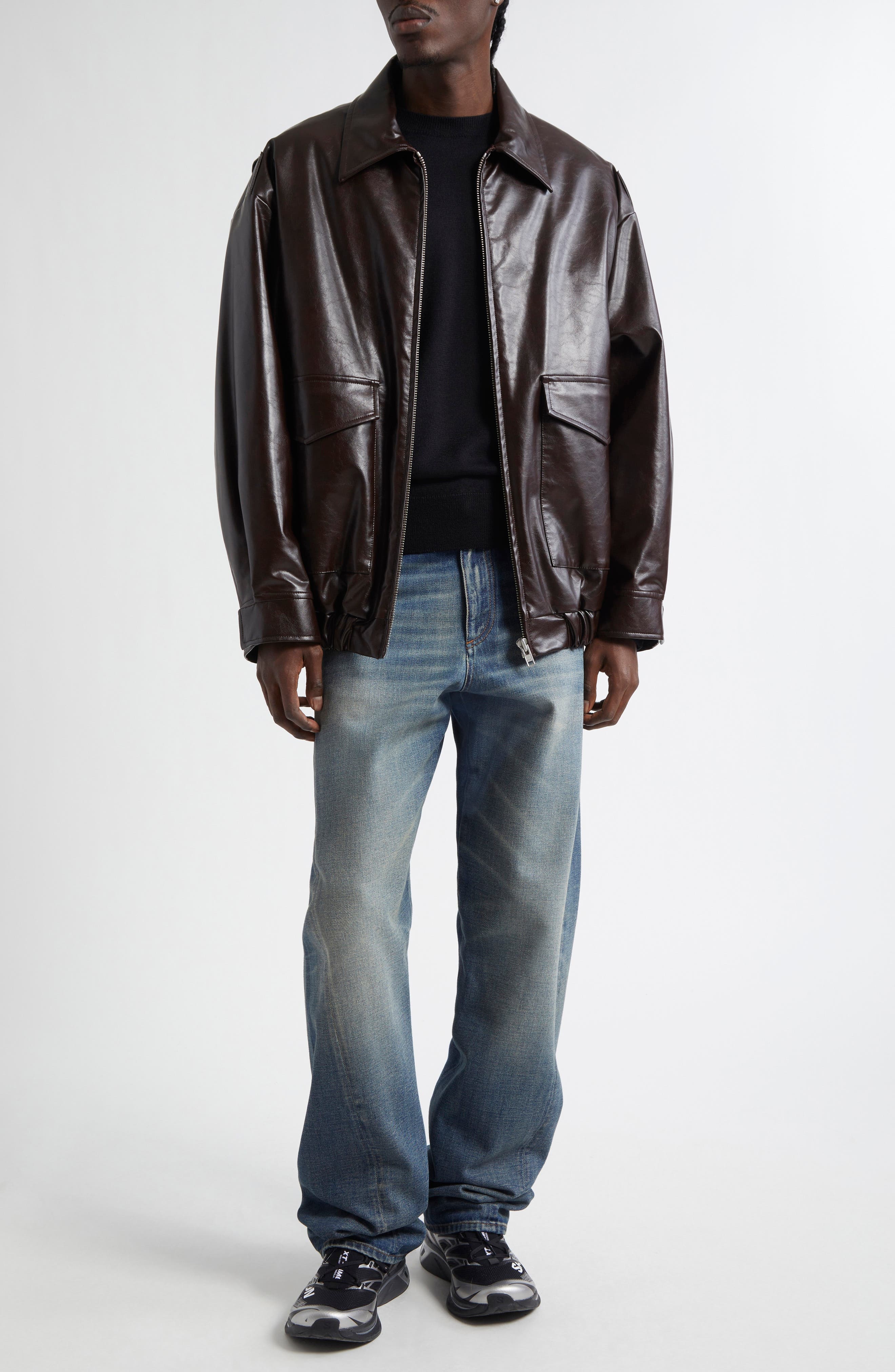 MM6 Maison Margiela Leather Elbow Patch Crewneck Sweater in Black at Nordstrom - 2