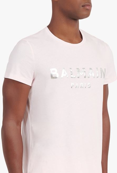 Pale pink eco-designed cotton T-shirt with silver Balmain Paris logo print - 8