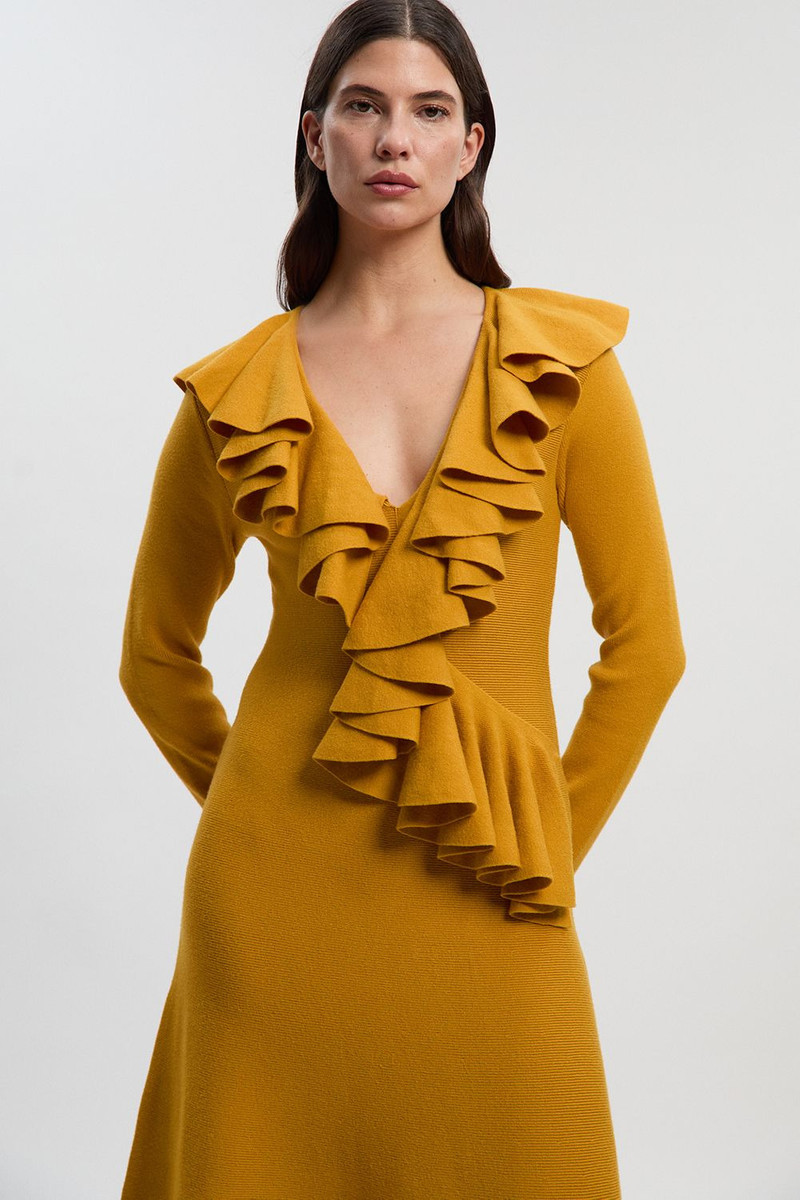 KAREN MILLEN Compact Wool Look Ruffle V Neck Midi Dress outlook