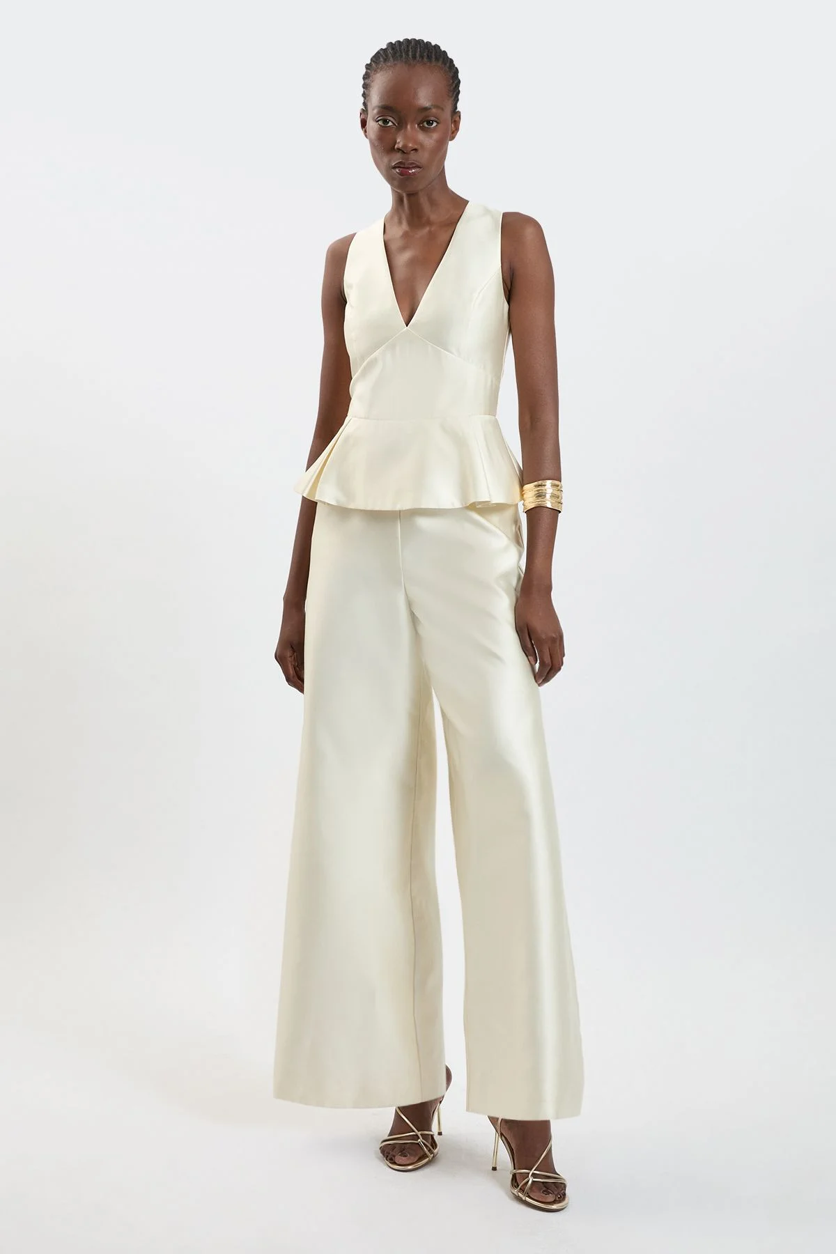 Satin Twill Peplum Wide Leg Jumpsuit - 1
