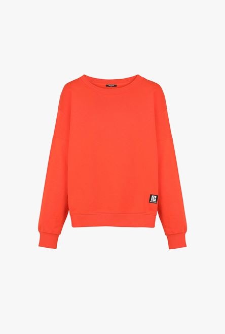 Dark orange eco-designed cotton sweatshirt with white Balmain logo print - 1