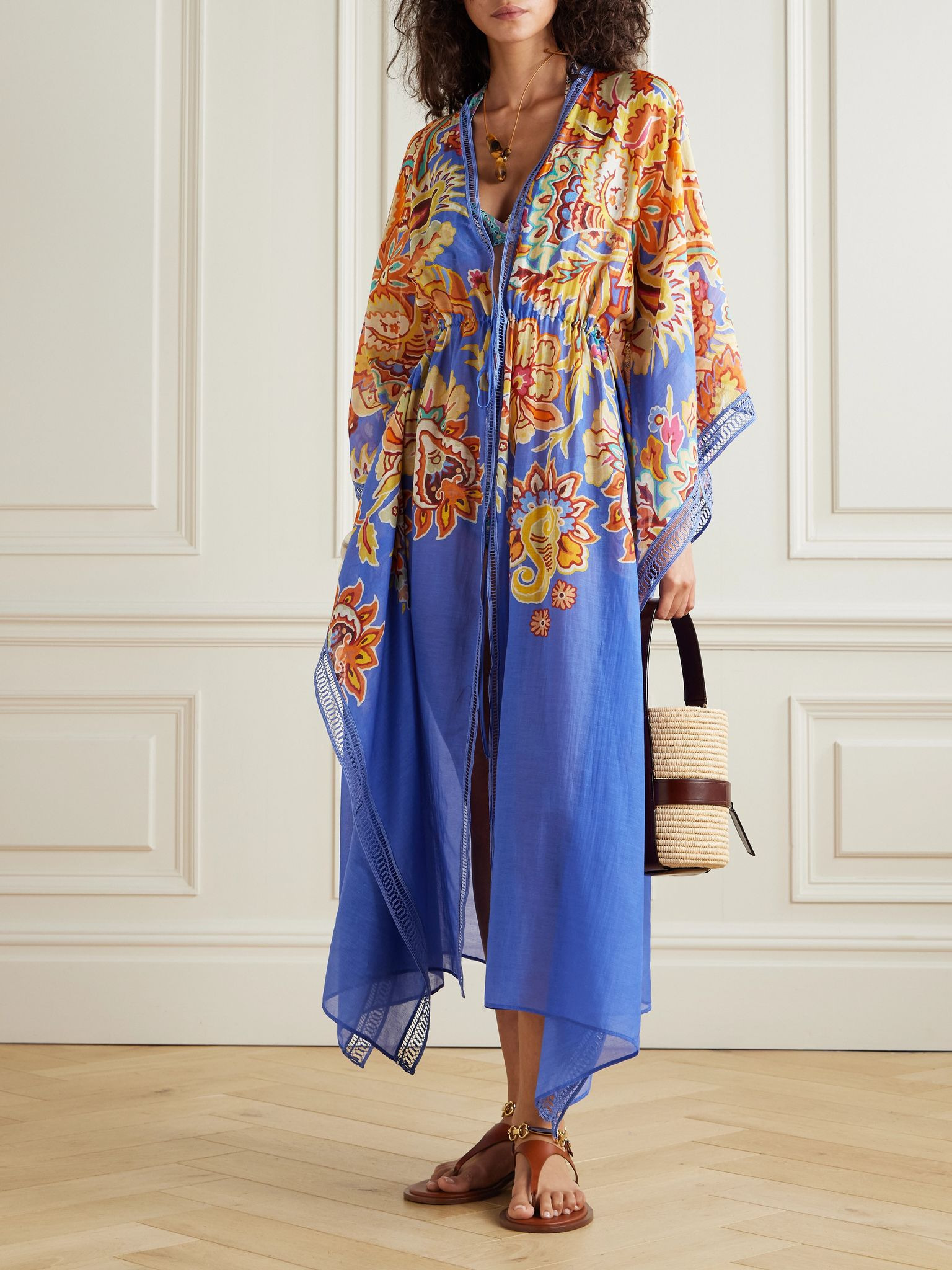 Printed cotton and silk-blend voile kaftan Blue - 2