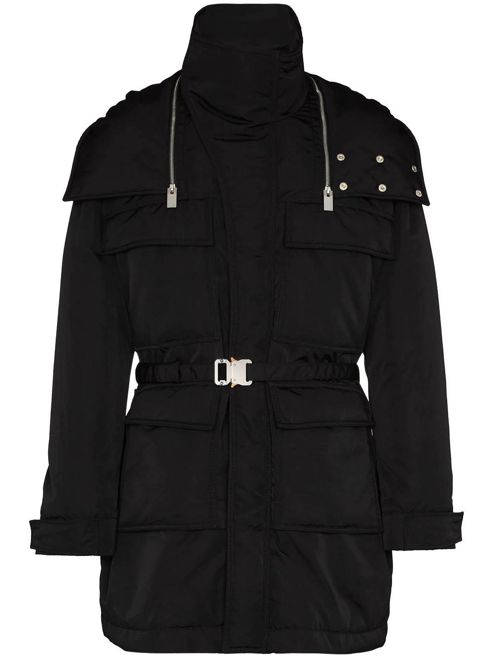 belted-waist hooded parka coat - 1