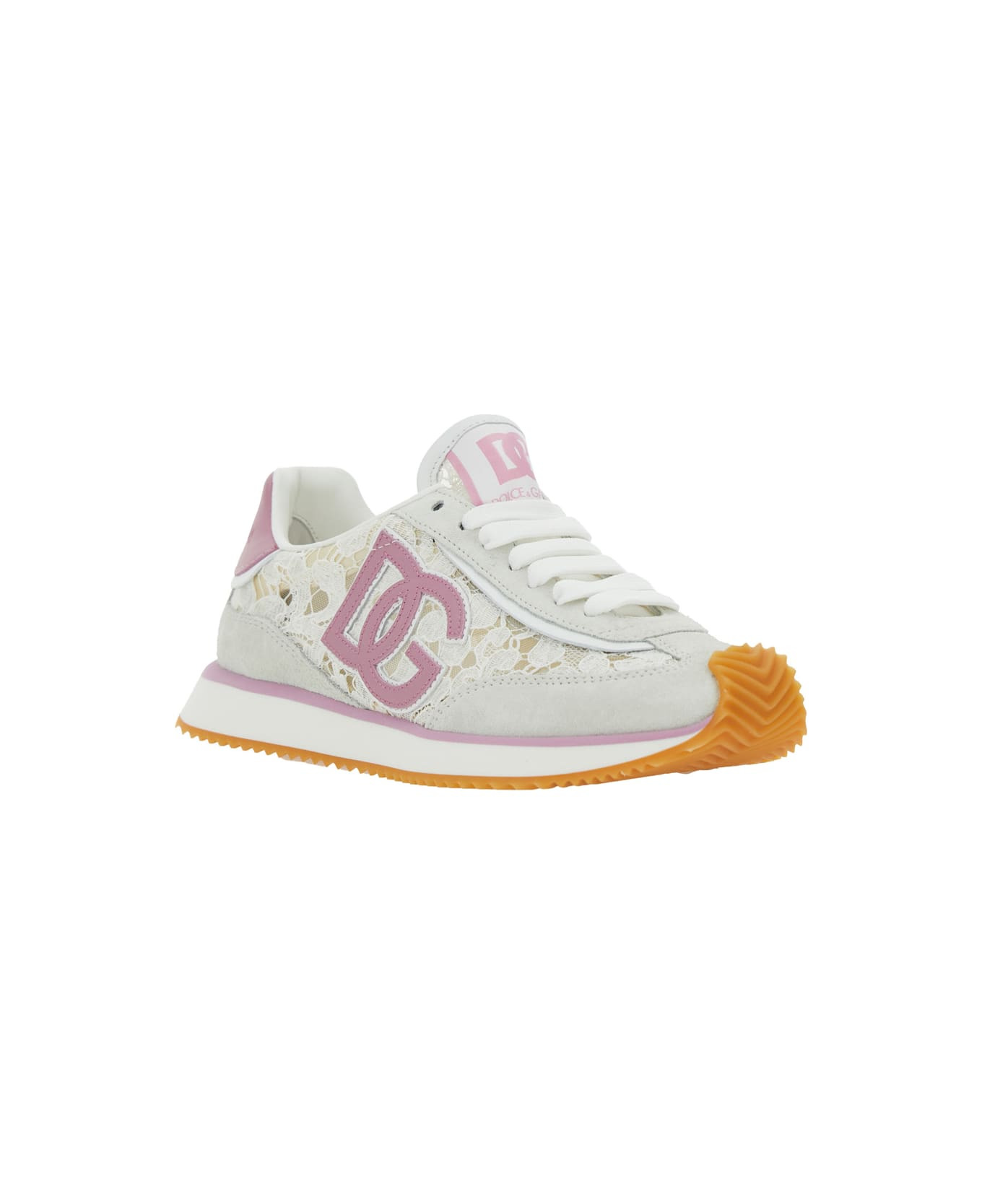 White Low Top With Lace Details And Dg Patch On The Side In Fabric And Suede Blend Woman - 2