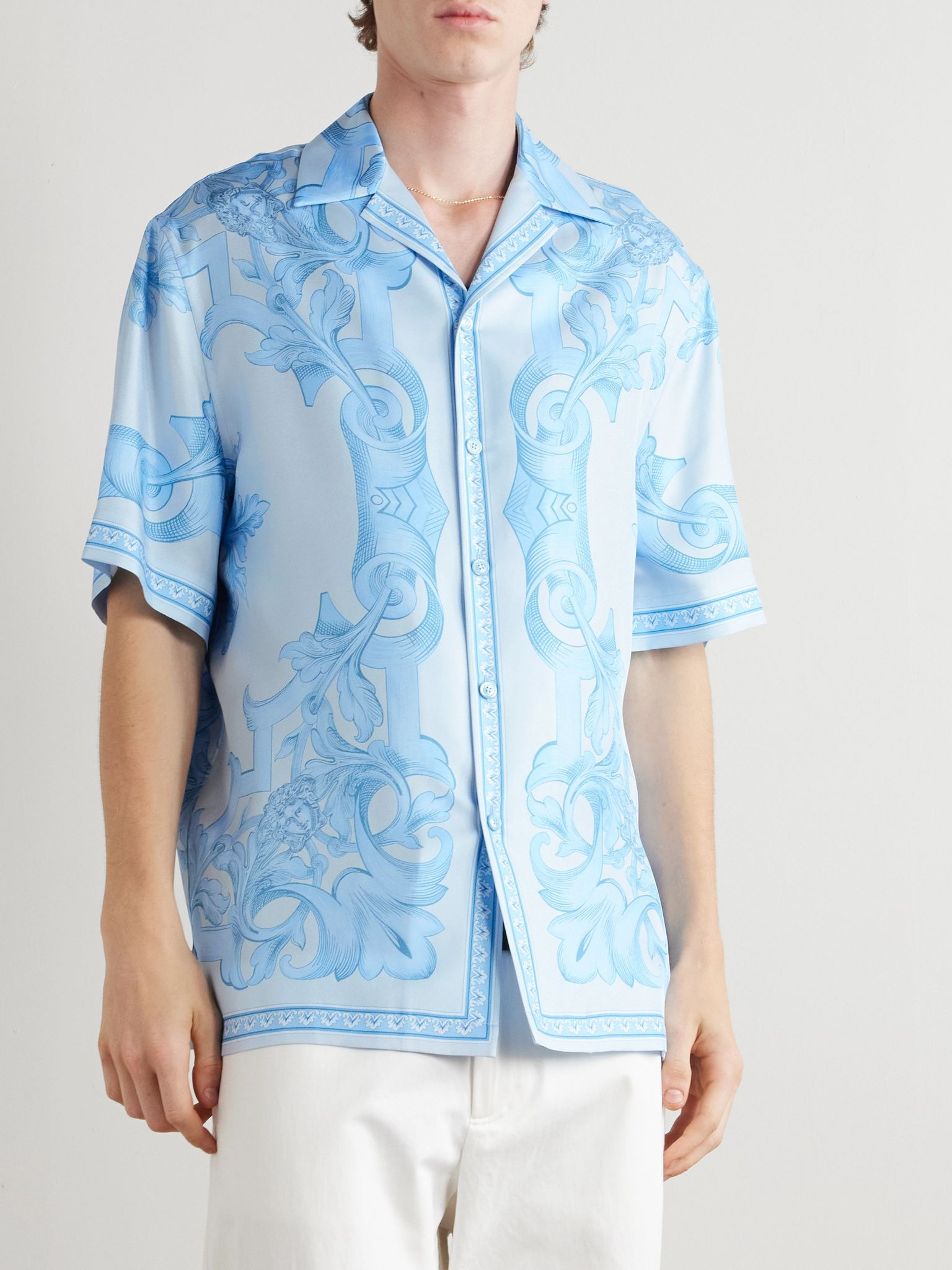 Camp-Collar Printed Silk-Twill Shirt Blue - 3