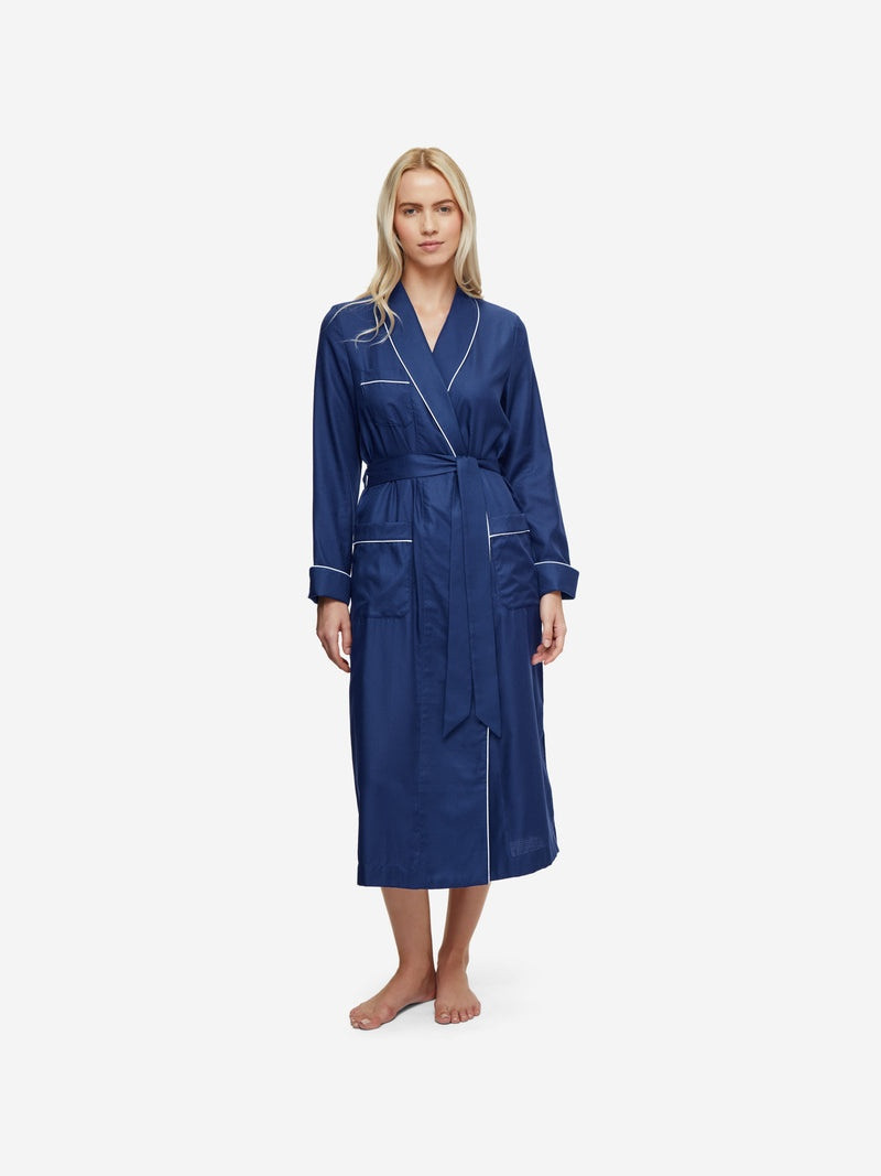 Derek Rose Women's Long Dressing Gown Lombard 6 Cotton Jacquard Navy outlook
