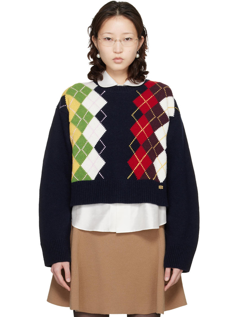Navy Chunky Wool Mix Argyle Knit Sweater 1