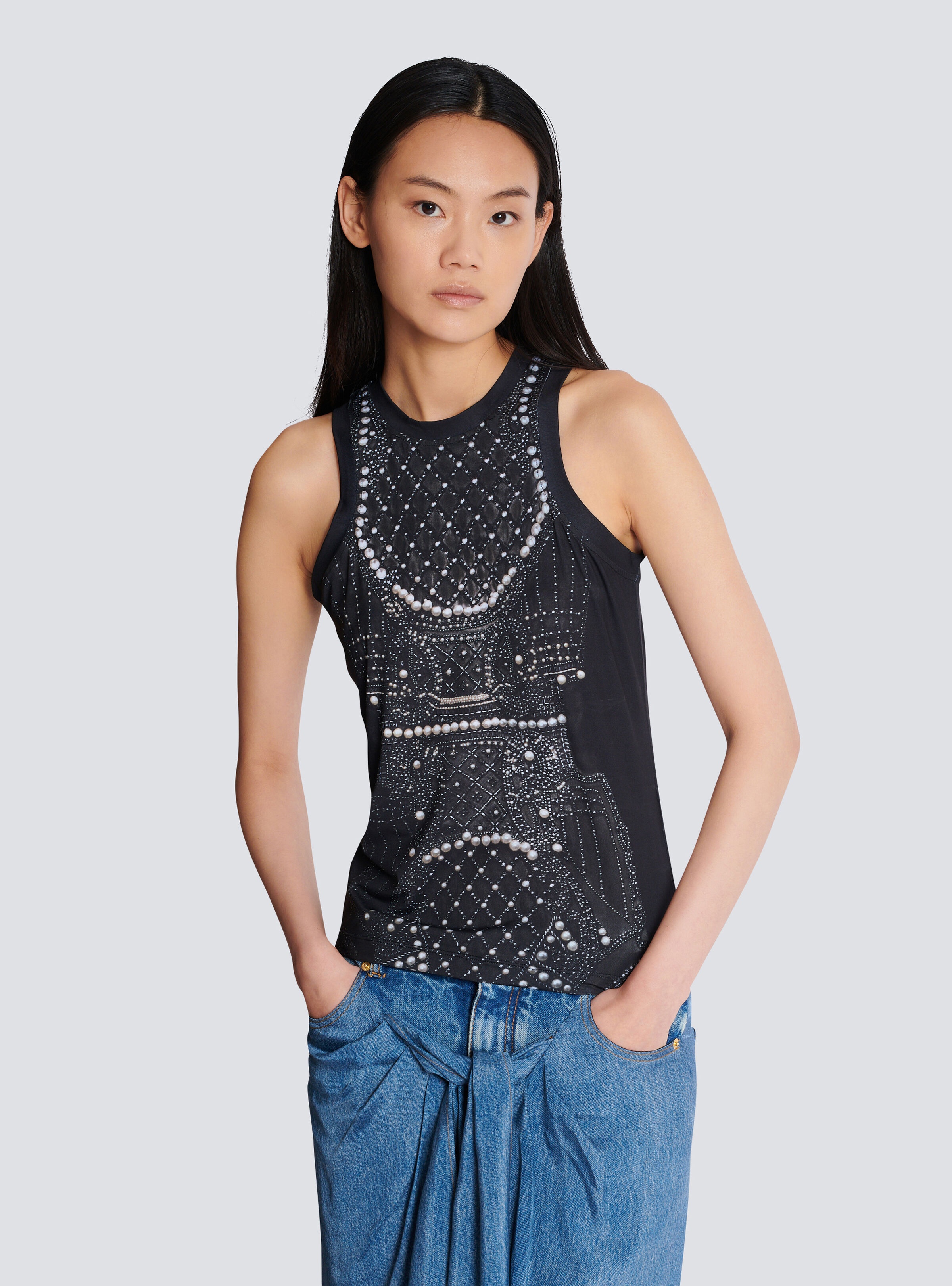 Soft tank top with faux embroidery print - 6