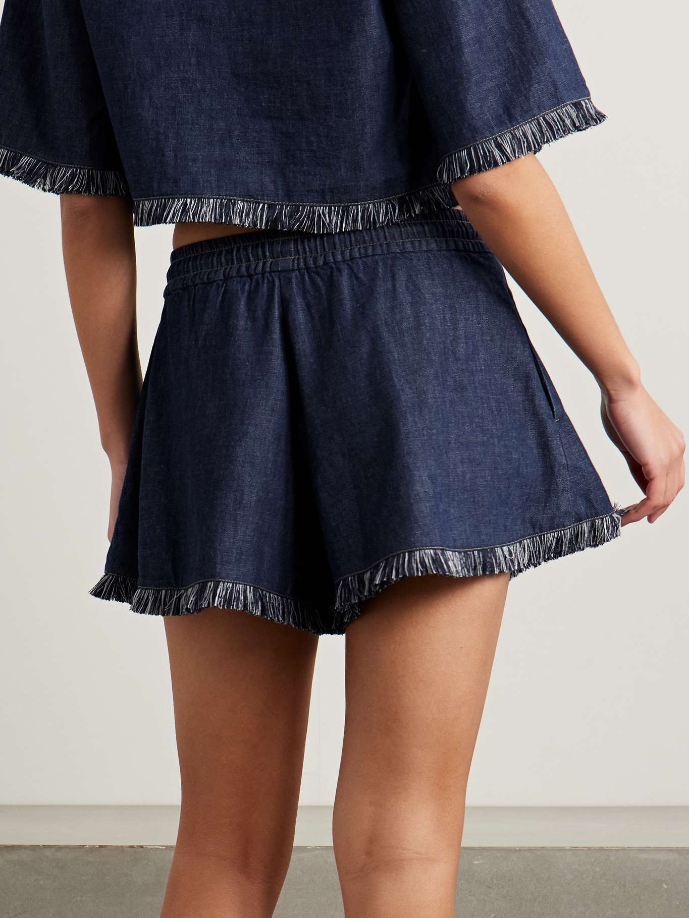 Rhiannon frayed cotton-chambray shorts Navy - 3