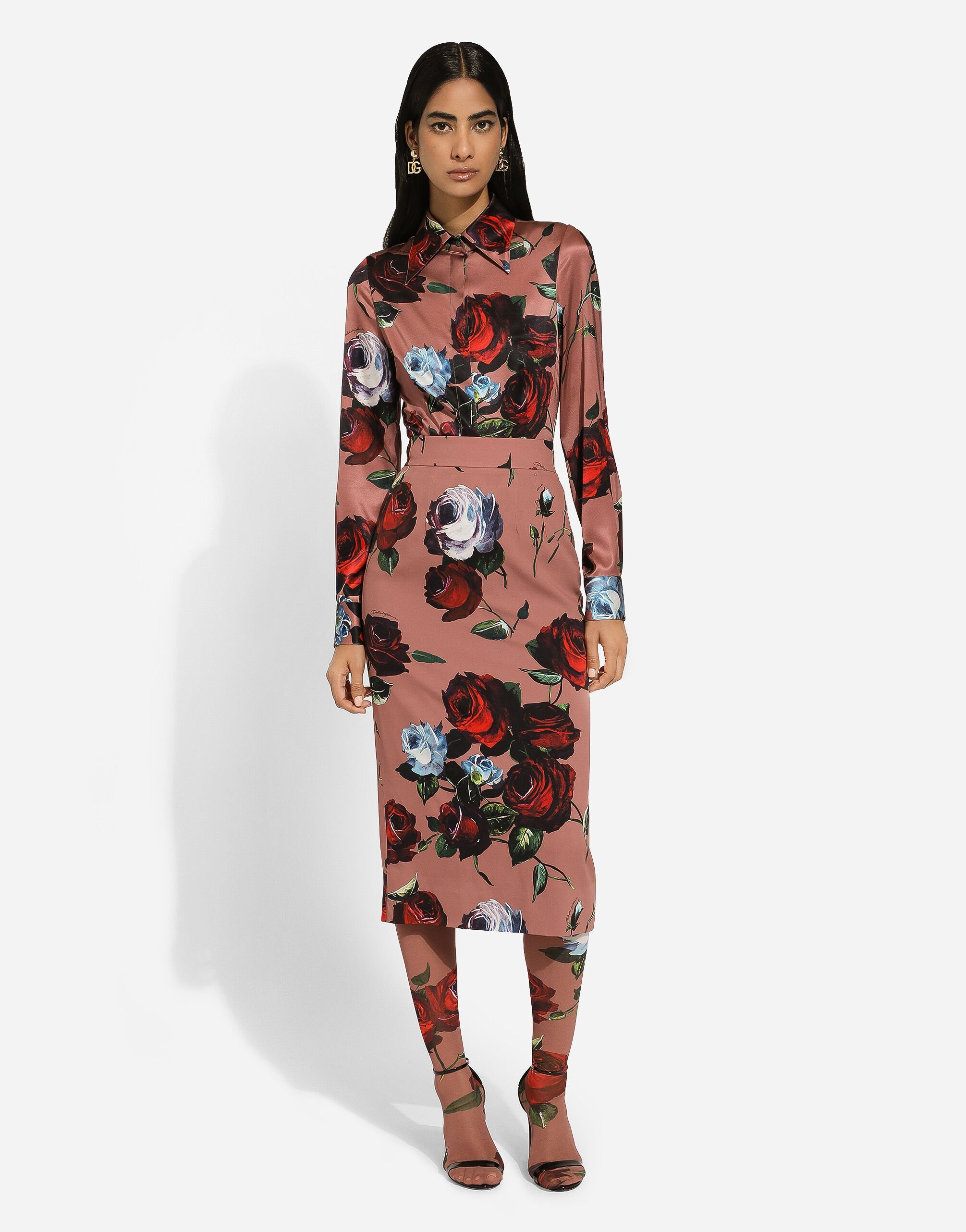 Charmeuse calf-length skirt with vintage rose print - 2