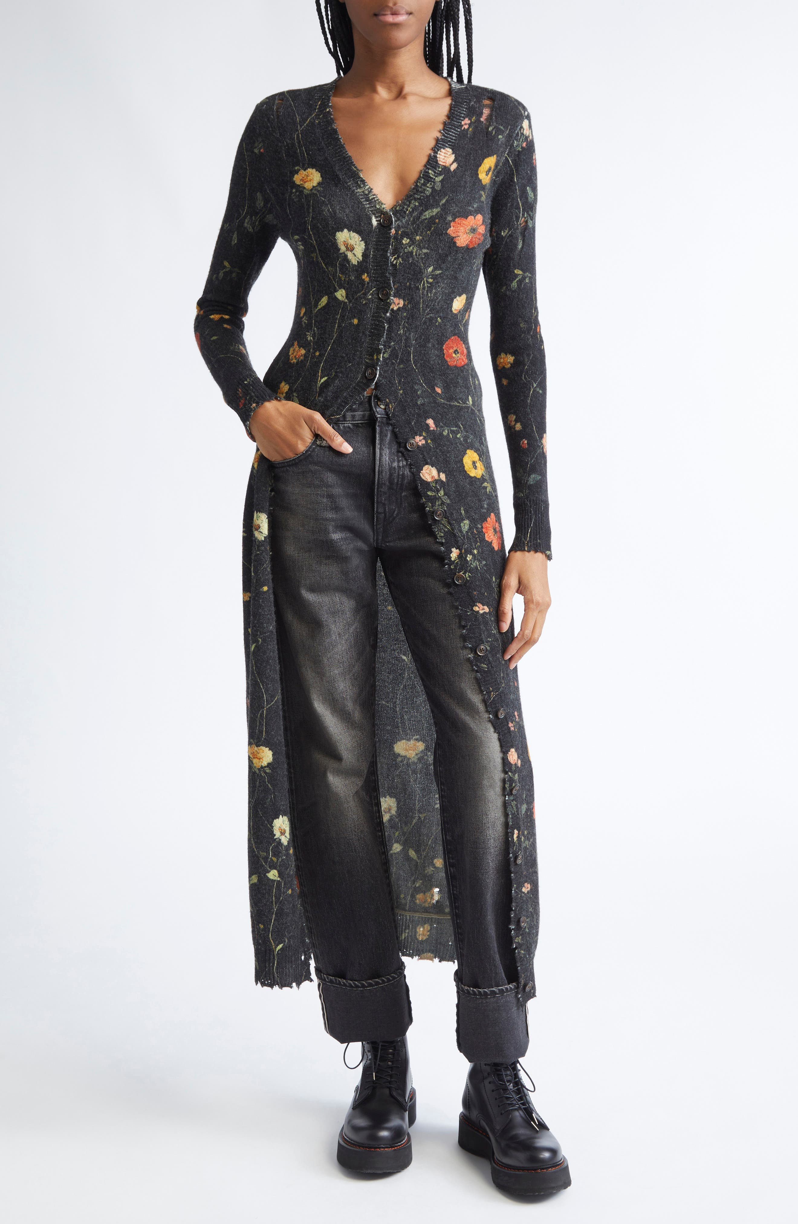 R13 Floral Skinny Long Merino Wool Cardigan in Floral On Black at Nordstrom - 2