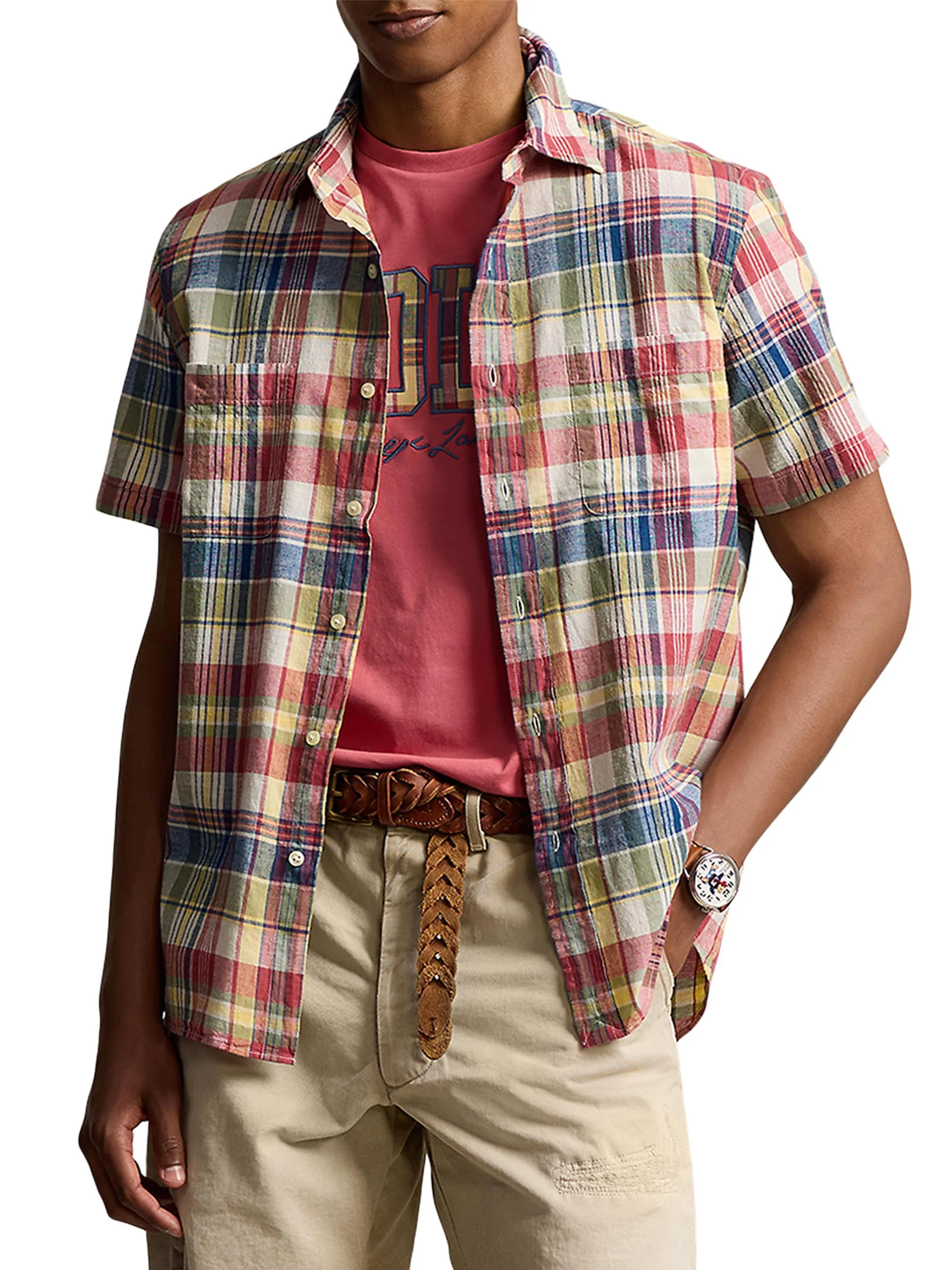 Men's Madras Plaid Cotton Shirt - Red Indigo Multi - 1
