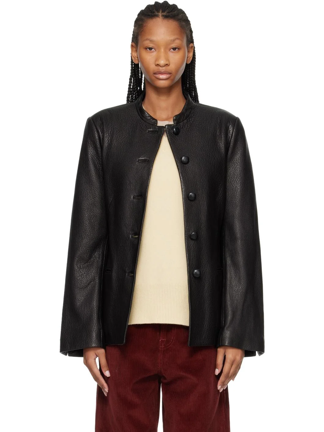 Black Shaped Grain Leather Jacket - 1