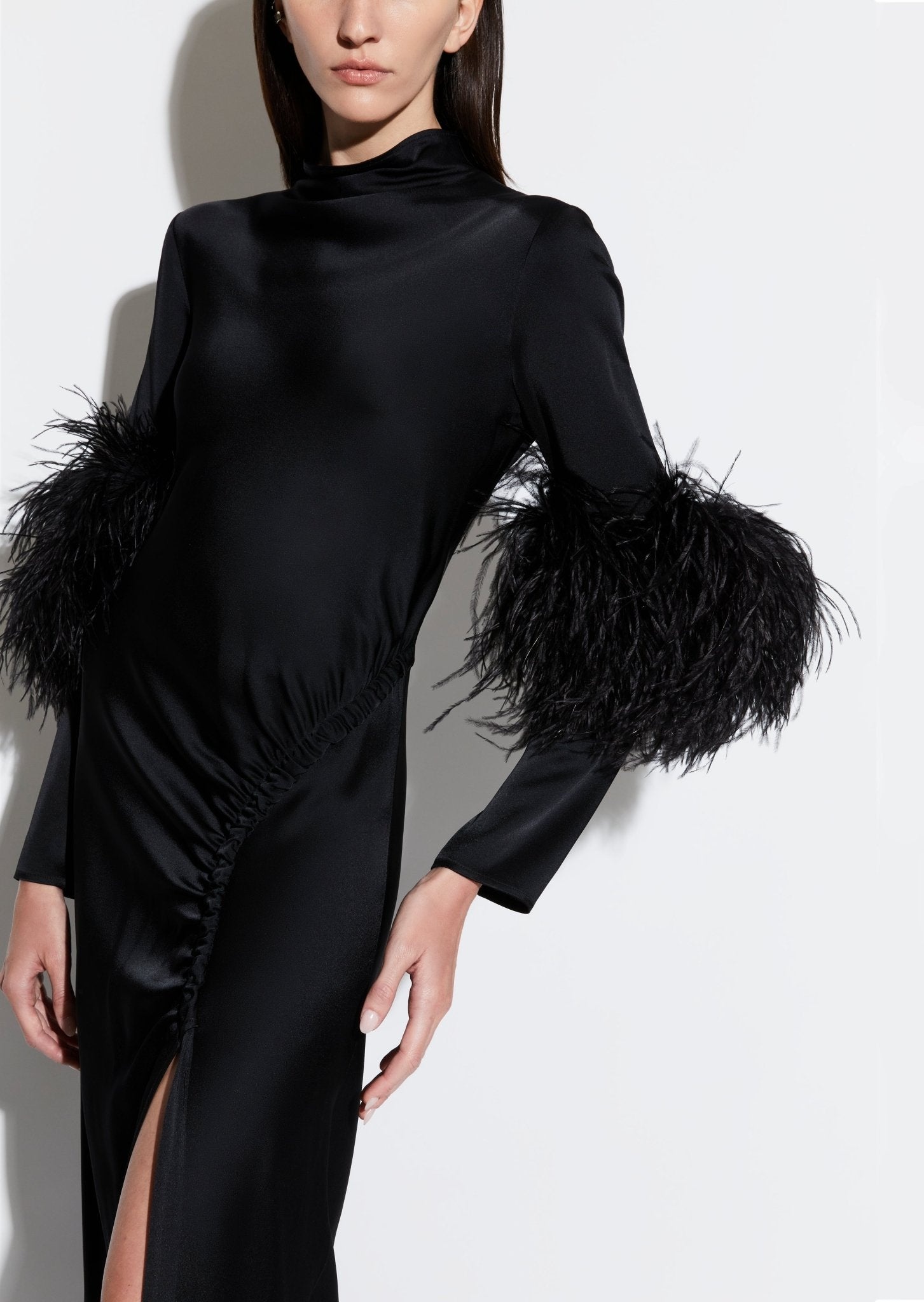 Satin Bias Feather Tab Gown With Slit - 4