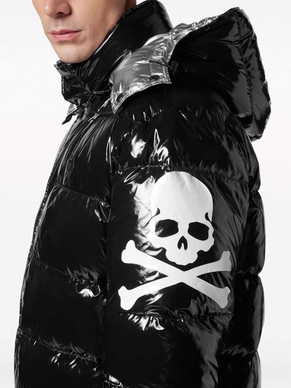skull-print detachable-hood padded coat - 5