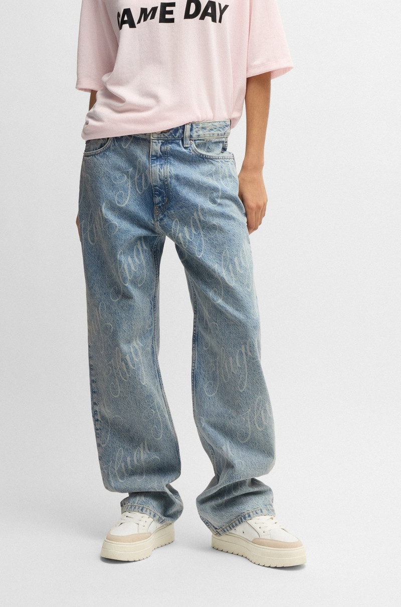 STRAIGHT-FIT JEANS IN BLUE DENIM WITH PRINTED LOGOS 2