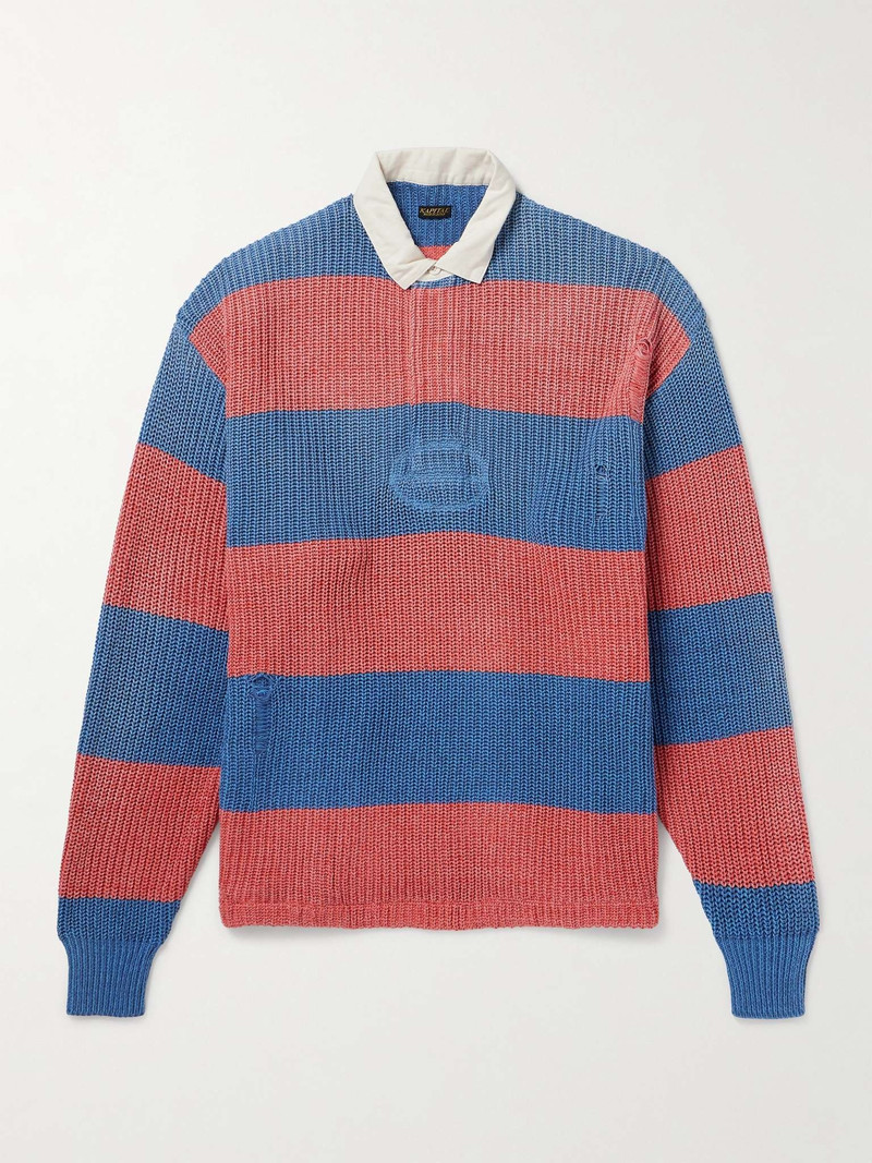 Rugger Distressed Striped Ribbed Cotton-Blend Polo Shirt 1