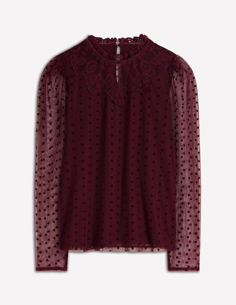 Tulle Yoke Embroidered Top-Dark Cherry 1