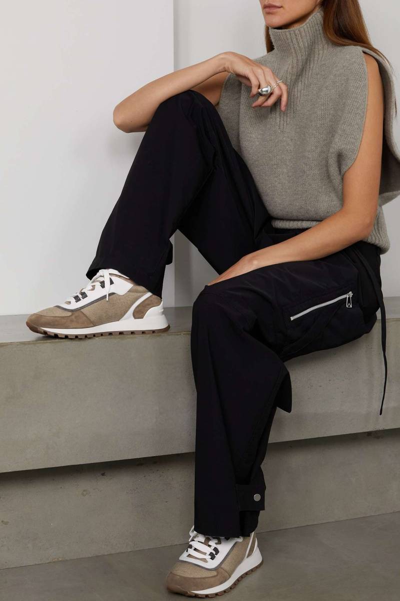 Brunello Cucinelli Shearling-trimmed bead-embellished suede and leather sneakers outlook