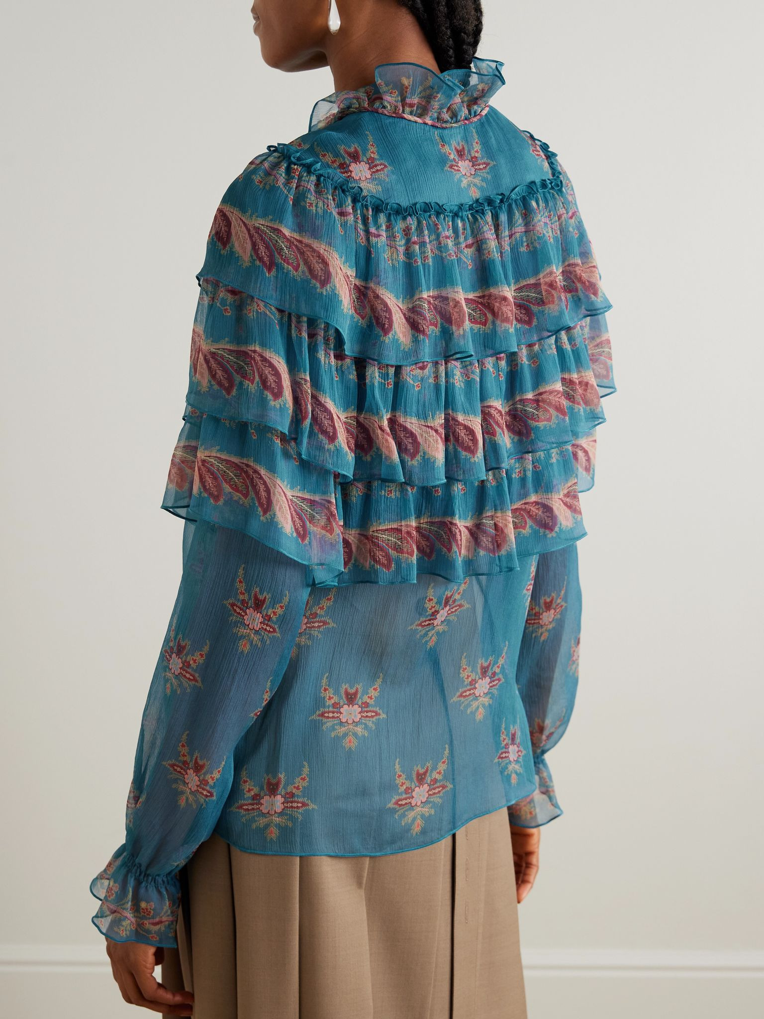 Ruffled tiered printed silk-chiffon blouse Blue - 4