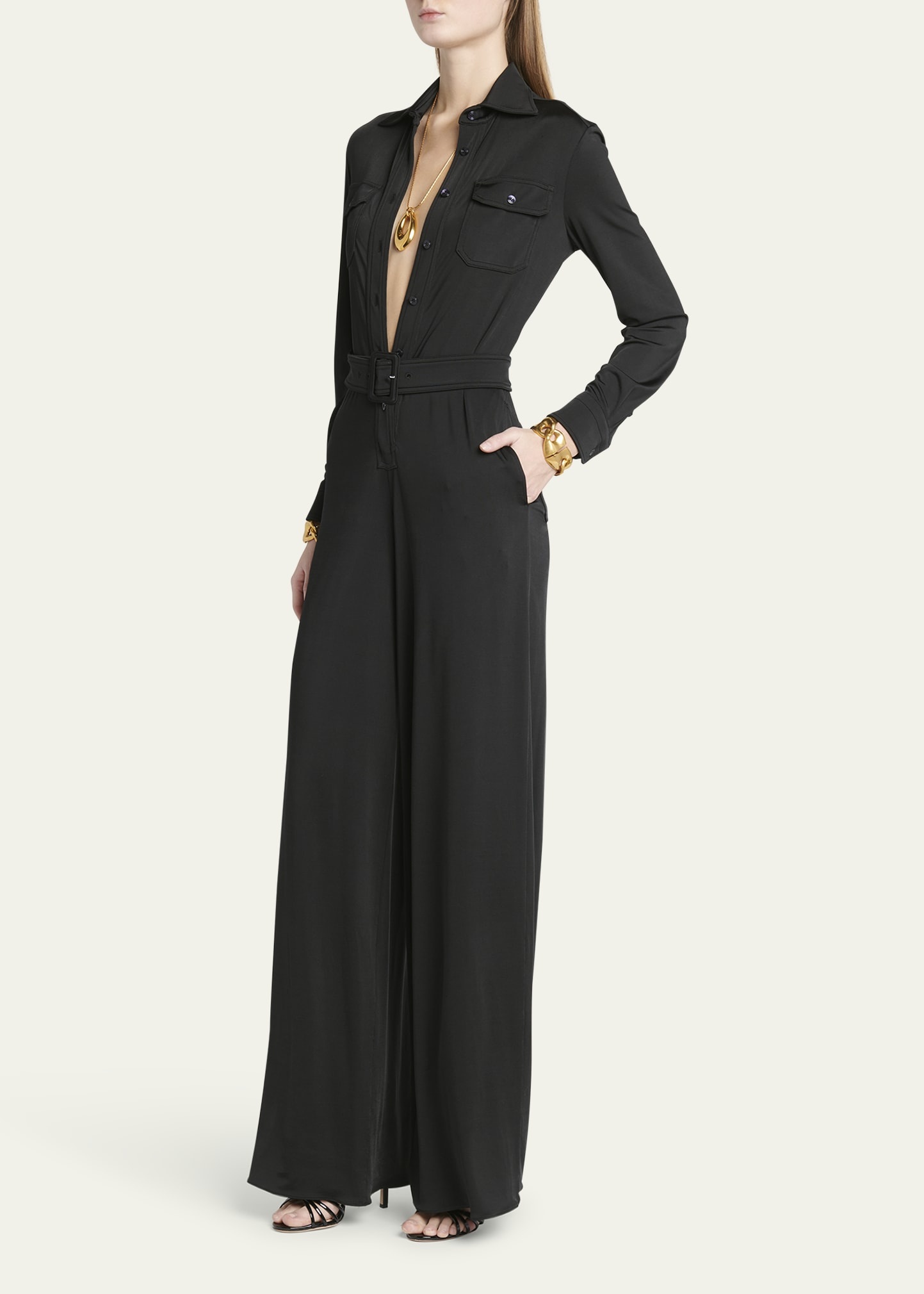 Self-Belt Satin Jersey Wide Leg Jumpsuit - 4