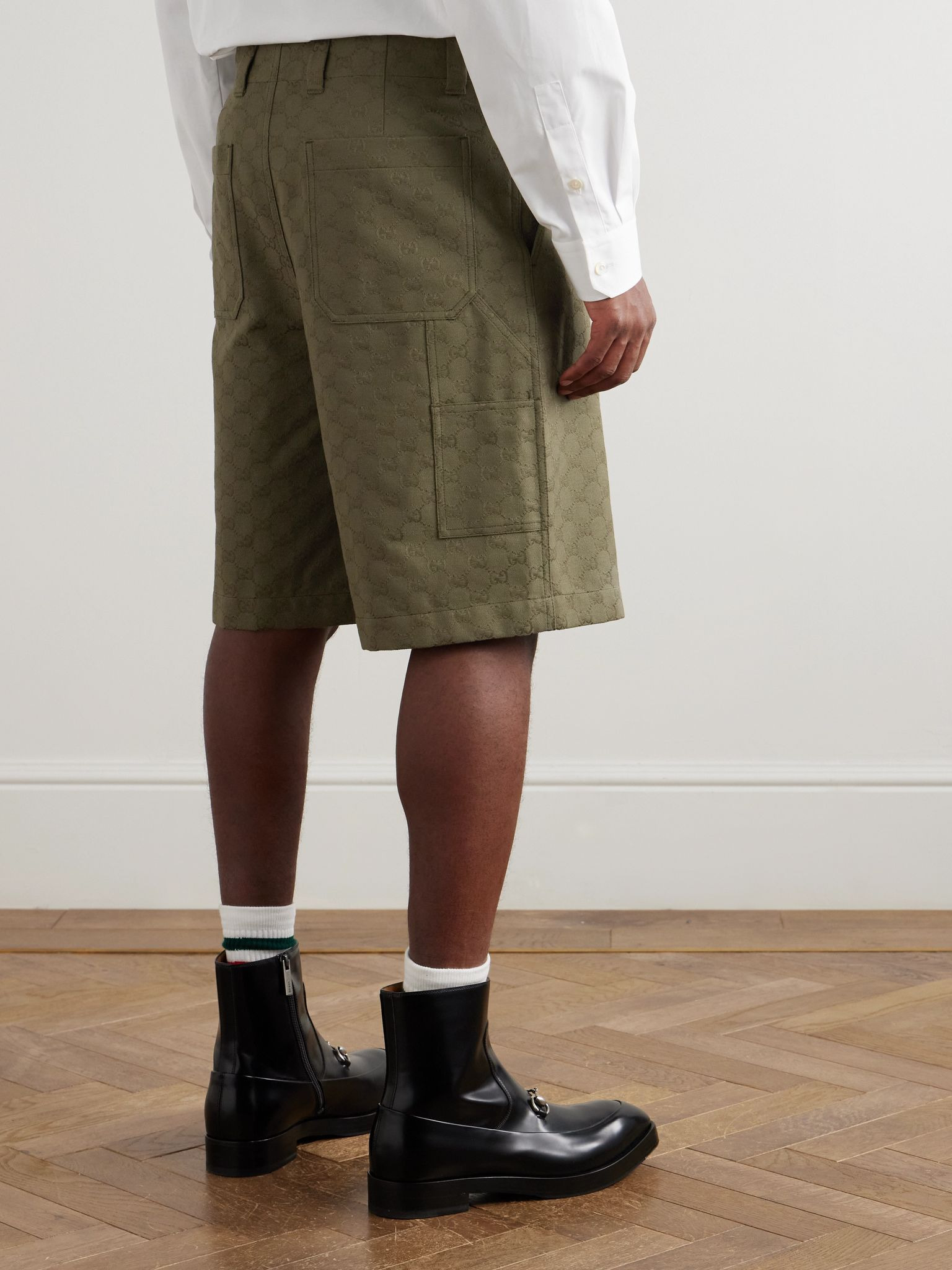 Straight-Leg Monogrammed Cotton-Blend Canvas Shorts Army green - 3