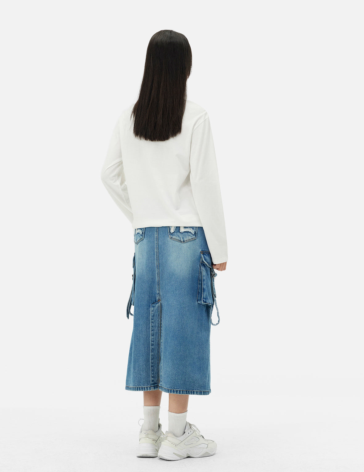 Deconstructed Inserted Seagull Embroidery Fashion Fit Denim Cargo Skirt - 4