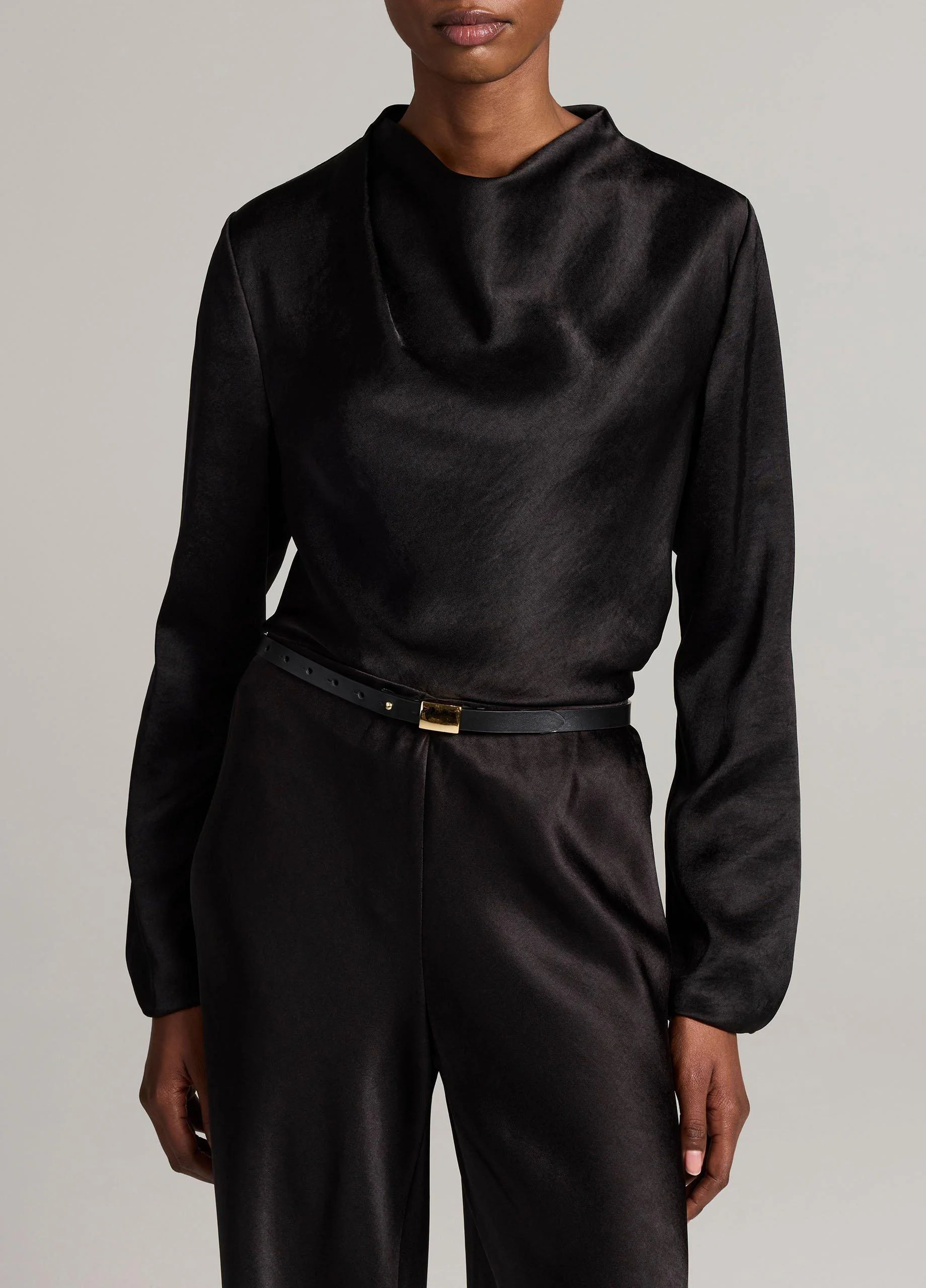 Satin Draped Cowl-Neck Long-Sleeve Top - 1
