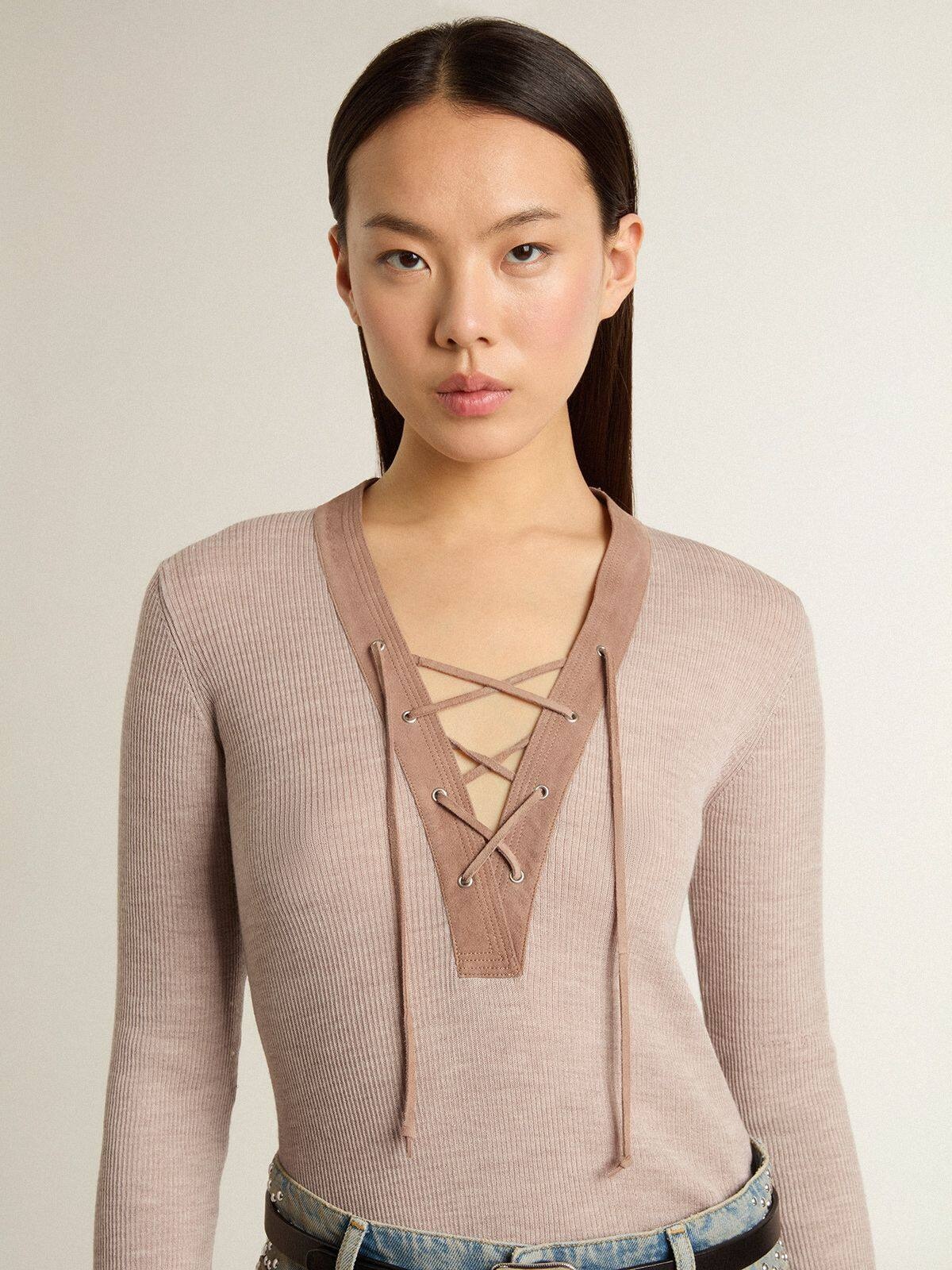 Beige wool sweater with leather details - 5