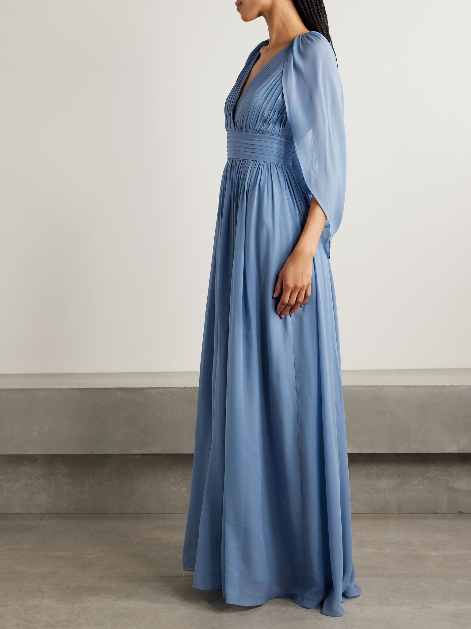 Cape-effect pleated silk-georgette gown Blue - 5