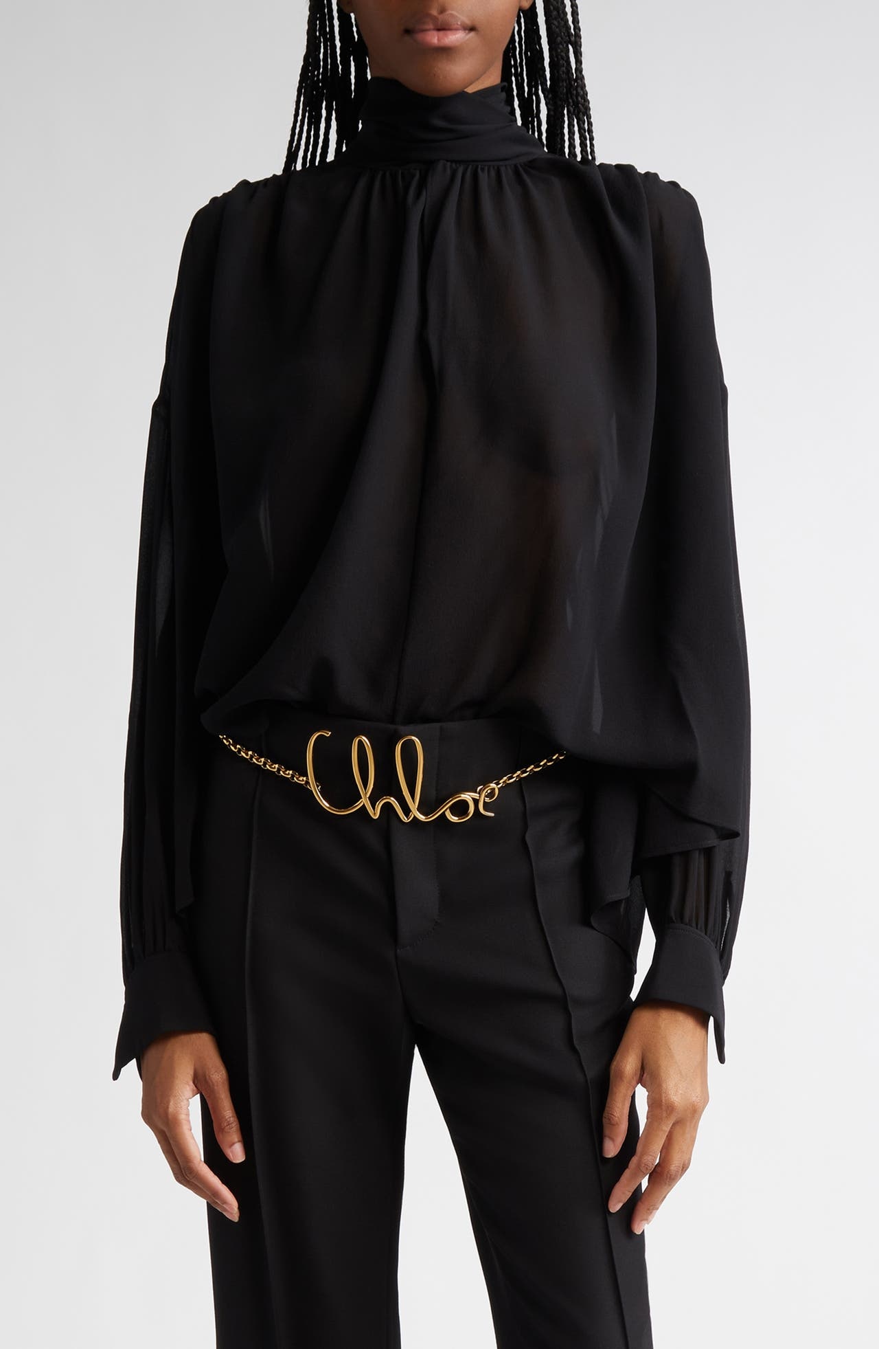 Chloé Draped Semisheer Silk Georgette Tie Neck Top in Black at Nordstrom - 1